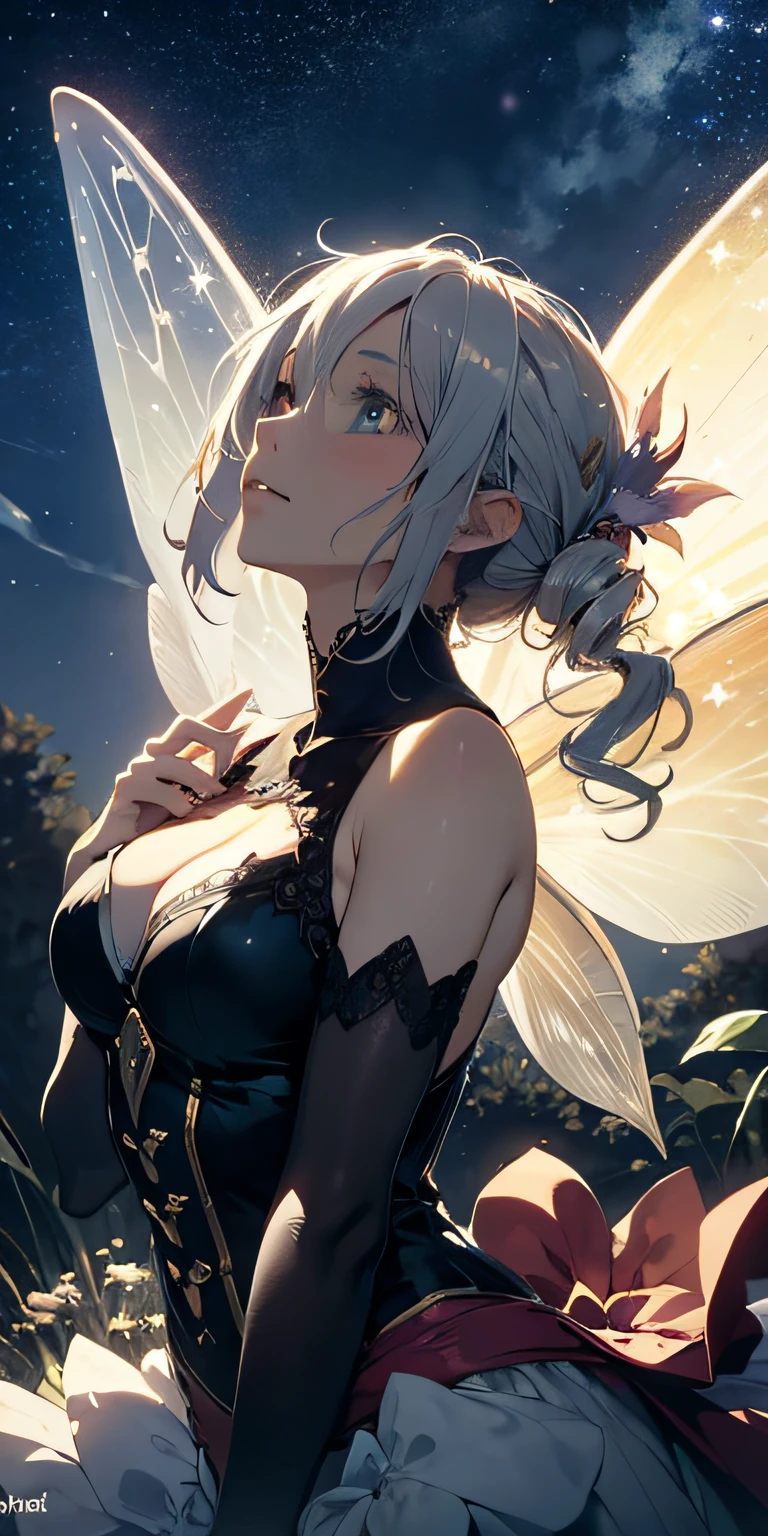 Fairy air fluttering，faeries，Perfect girl，Cover your breasts，Look up at the stars，Looks sad