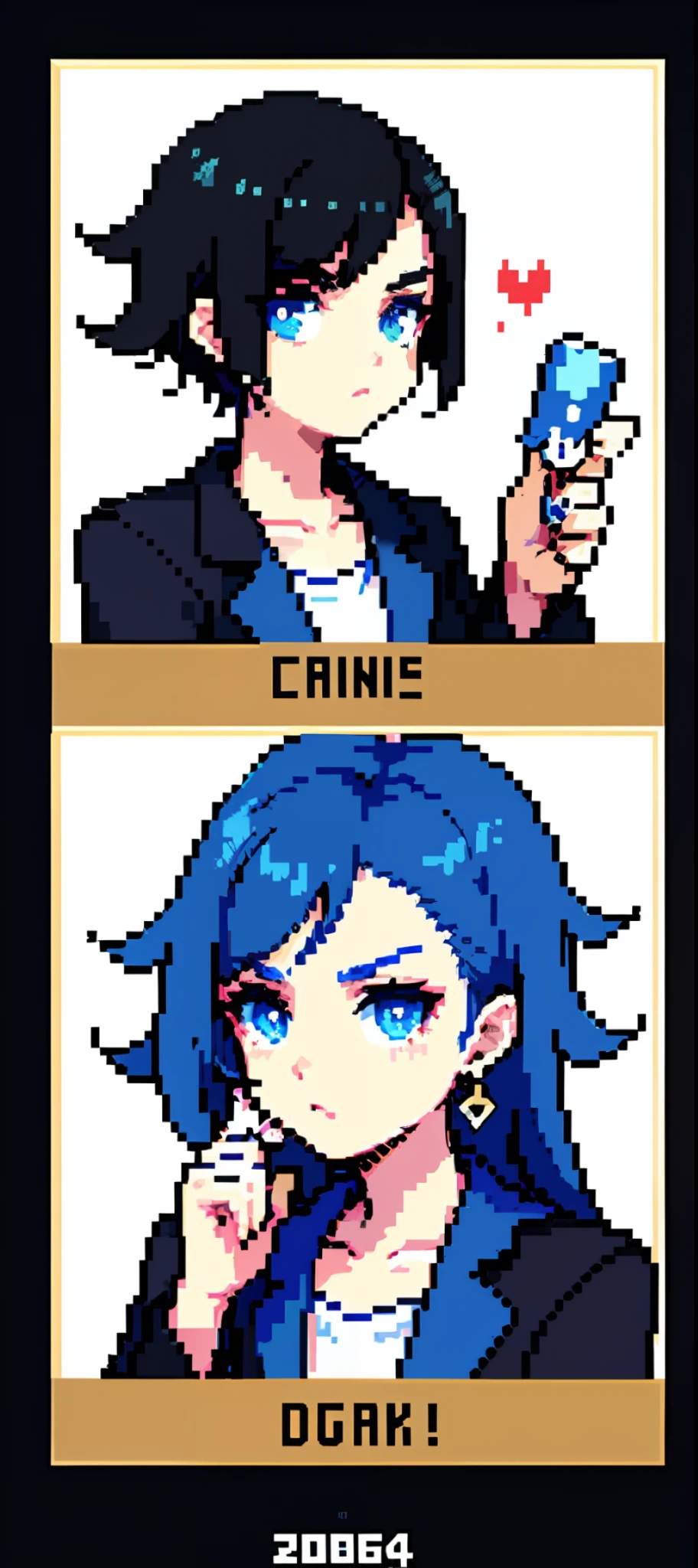 （tmasterpiece，top Quority，best qualtiy），pix，pixelart，1boys，Black color hair，Bangs side hair，Blue pick dye，full bodyesbian，Cold，Sassy temperament
