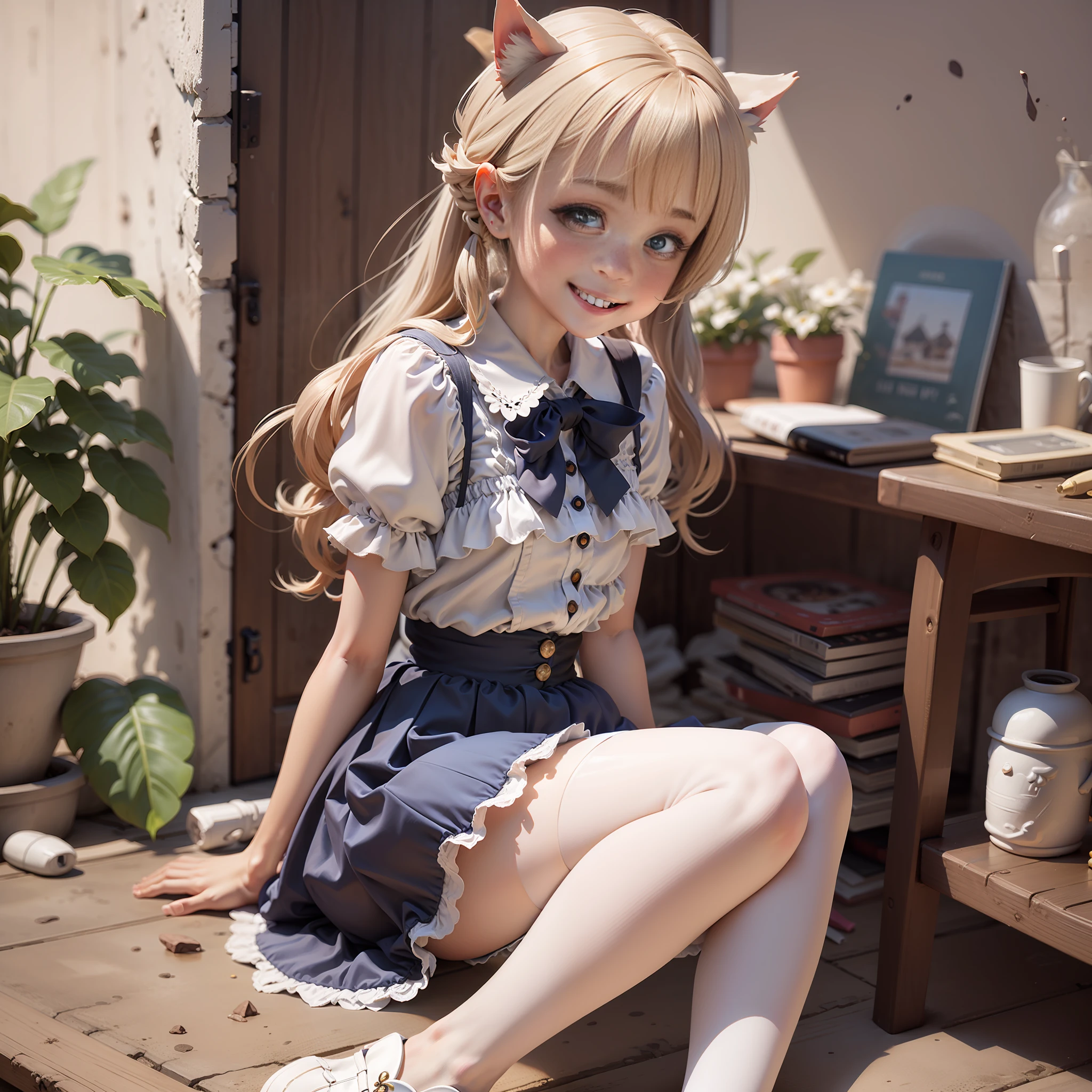 Best picture quality，Outstanding work，the detail，blue skirts，white stockings，Small leather shoes，Cute big eyes，Moe girl，cheeks slightly red，grin