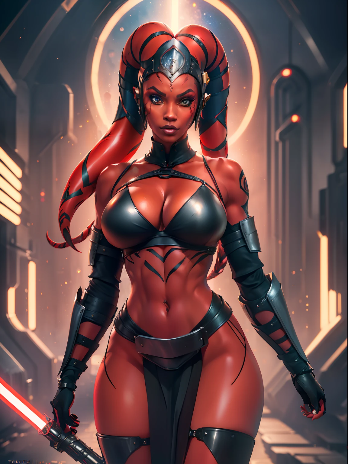 (red skin, twi'lek), red lightsaber, evil space knight, space ninja, (black robes, straps, buckles, skirts, long sleeves, fantasy, ((armor))), ((busty), slender body, thin, slim sexy body, slim waist),