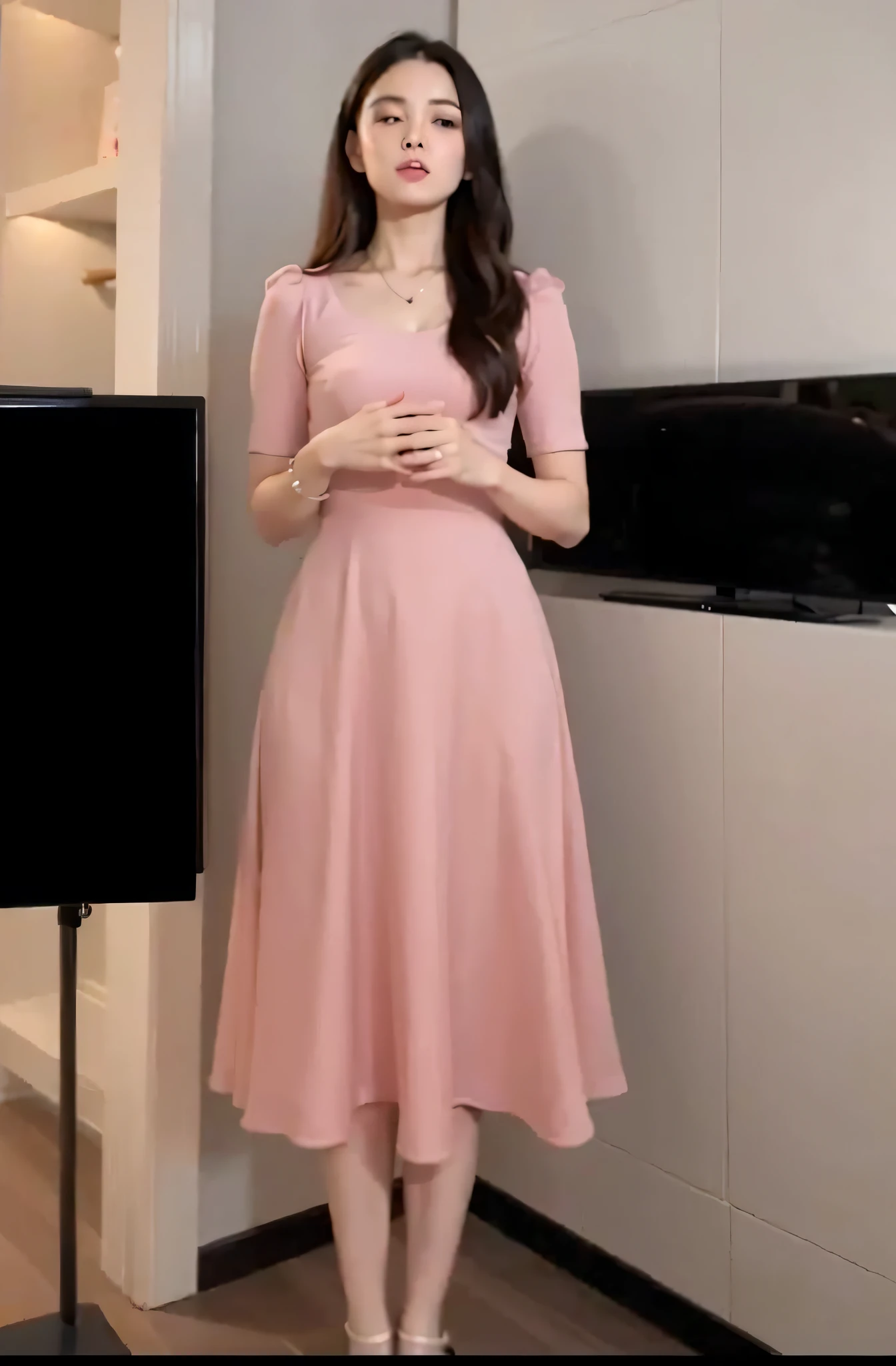 A woman in a pink dress stands in front of a television, simple dress, soft silk dress, Elegant dress, Pink dress, Women's long skirt, light half opened dress, Romantic dress, frock, Wearing a pink dress, (in pink), beautiful soft silky dress, Woman in dress, dress, Dressed in elegant dresses, Cute dress, floating dress