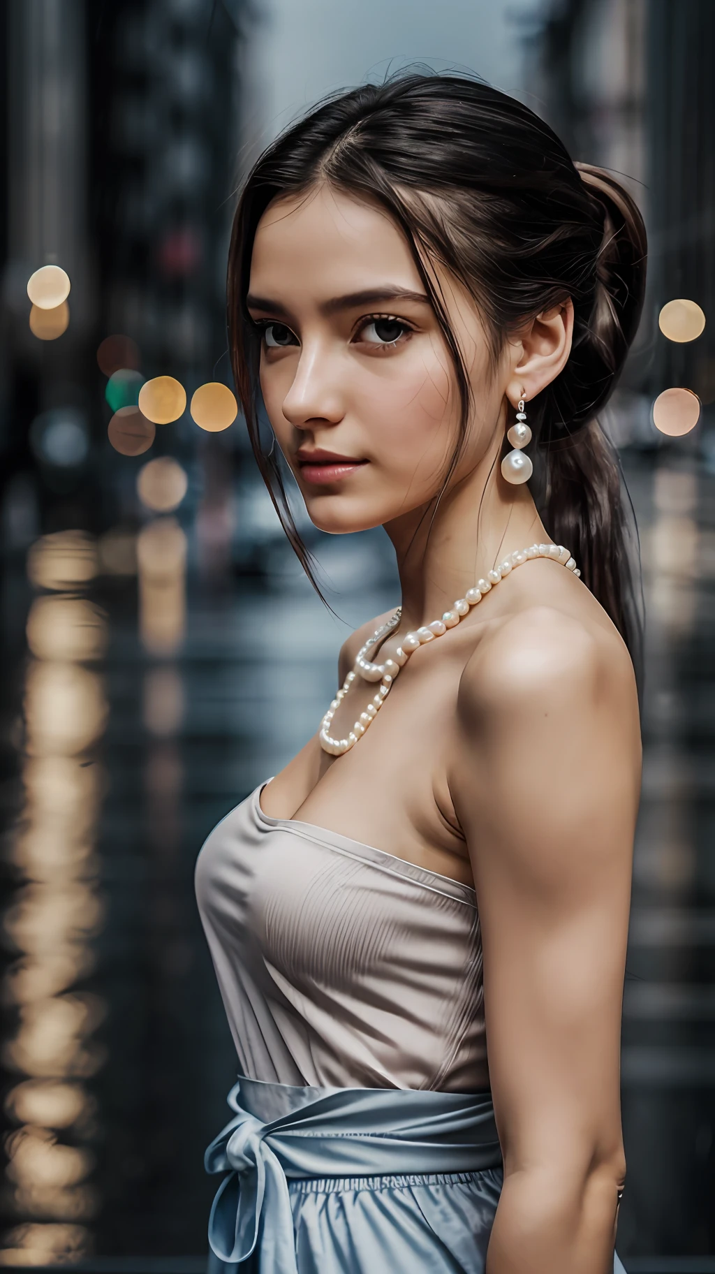 From the side, hips up, ((addielyn)), side pose, random pose, night, (extremely delicate and beautiful work), (masterpiece), 1girl, streetwear, highly detailed, ponytail twist, charming expression, beautiful and clear eyes, blue eye pupils, delicate pearl necklace, delicate earrings, simple blurred background, extreme detail description, beautiful, charming, ultra-fine painting, delicate face, delicate figure, fine collarbone, cute lips, Soft Behind, mix4, (8k, RAW photo, best quality, masterpiece: 1.2), (realistic, photorealistic: 1.37), 1 girl, cute, cityscape, night, rain, wet, professional lighting, photon mapping, radiosity, physically based rendering, waist up,