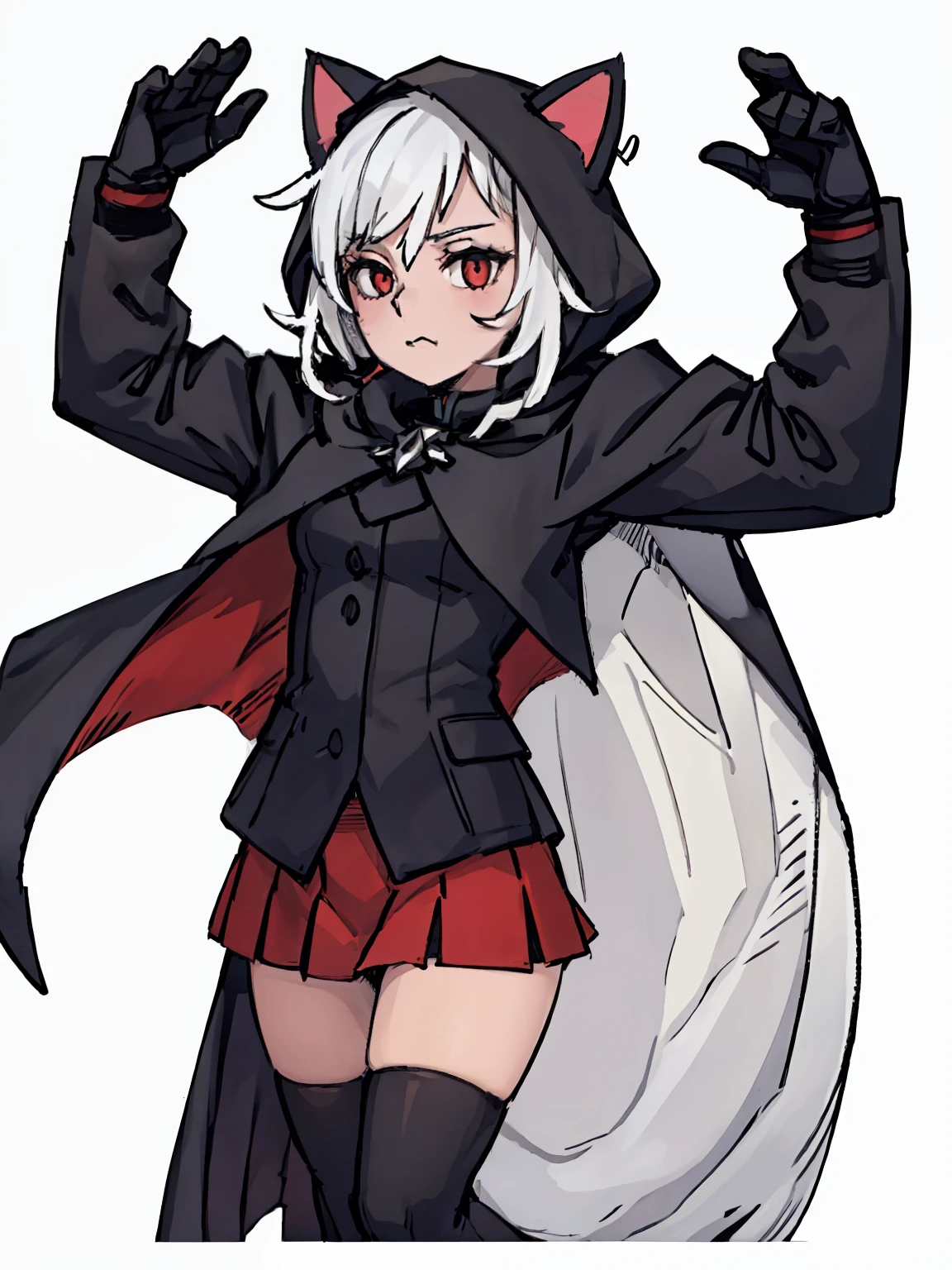 A girl，White color hair，((Black cape),(Cat ear hood), (Red lining),(short  skirt)), Half-body standing, White background