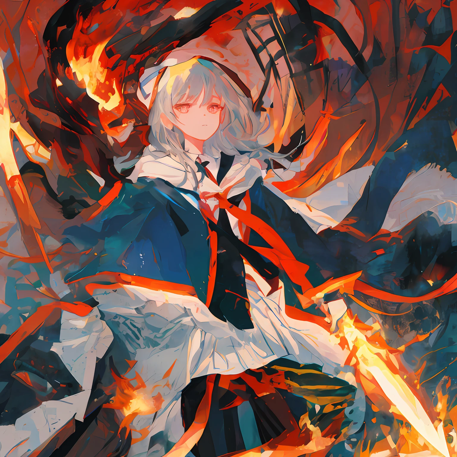 schoolboy，Long black hair，Has blue-red wings，Flame spear in hand，
