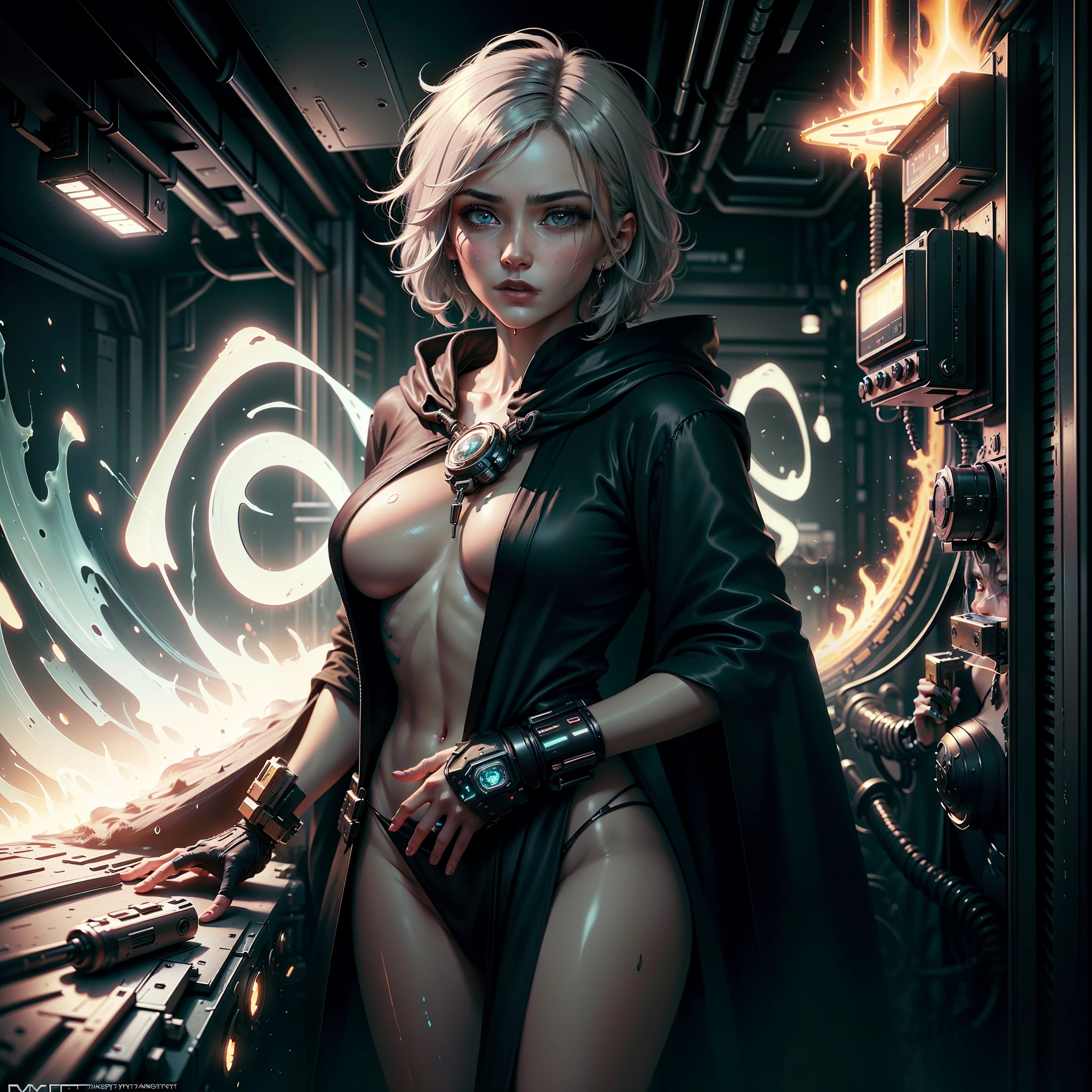 Cyberpunk woman,fansty world,background inside dark,Clean design,Epic Instagram,artstation,Colorful paint splashes,contours,Hyper-detailed intricate details,unreal-engine,fanciful,Complicated details,splash image,complementary colours,fantasy concept art,8K分辨率,A masterpiece of deviantart,oil painted,Heavy strokes,paint drips,(Isolate on a white background:1.3),Rainbow skins,(((Sexy young man))), ((age:1.5)), (glow blue eyes), ((Eyes have light)),((((Short gray hair:1.1))), ((black-clad)), (A queen\\(Indifferent expression\\),, (((Wearing a luxurious black robe with high details))), A head of white hair,Frost magic,((Large chest) --auto --v 6