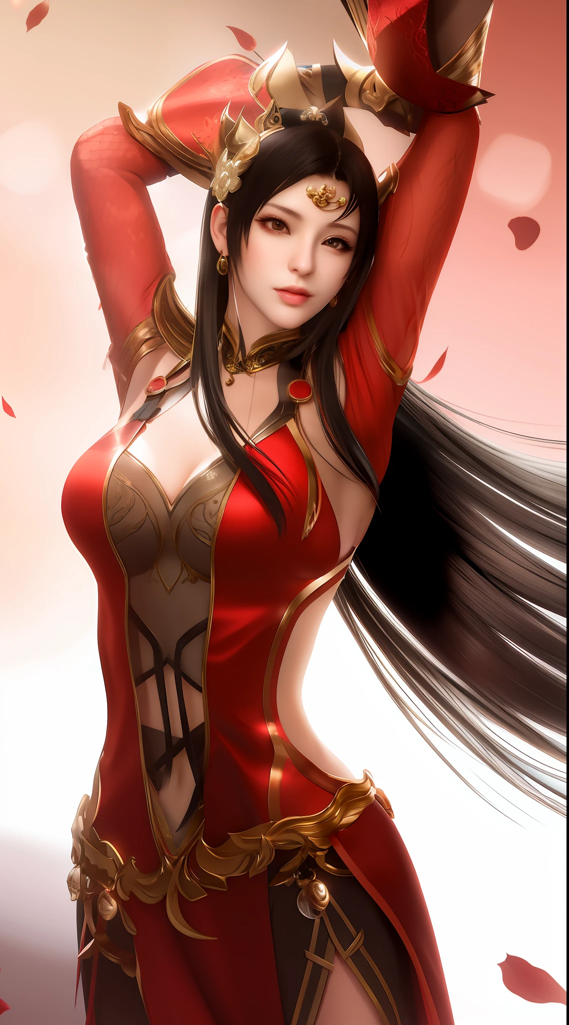 a close up of a woman in a red dress with long hair, beautiful alluring anime woman, a beautiful fantasy empress, inspired by Du Qiong, seductive tifa lockhart portrait, ((a beautiful fantasy empress)), seductive anime girl, beautiful anime woman, glamorous tifa lockheart, beautiful avatar pictures, mai shiranui, lady in red armor, tifa, (lingerie:1.2), photo realistic, upon_body, tyndall effect, photorealistic, dark studio, rim lighting, two tone lighting, (high detailed skin:1.2), 8k uhd, dslr, soft lighting, high quality, volumetric lighting, candid, Photograph, high resolution, 4k, 8k, Bokeh,