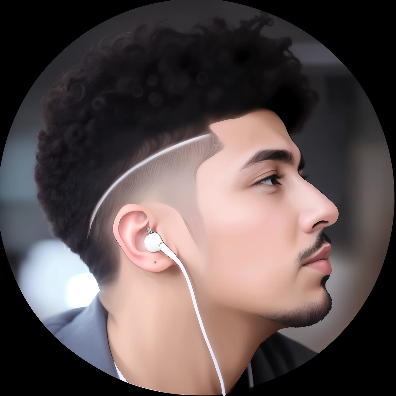 um close up de um homem com um corte de cabelo encaracolado e fones de ouvido, Estilo Mohamed Chahin, Mohamed Chahin, curls on top of his head, Foto de perfil, com afro, foto de perfil, Amr Elshamy, Riyahd Cassiem, andres rios, foto de perfil headshot, Corte de cabelo da tigela, inspirado em Randy Vargas, andrew gonzalez, new song, com fones de ouvido