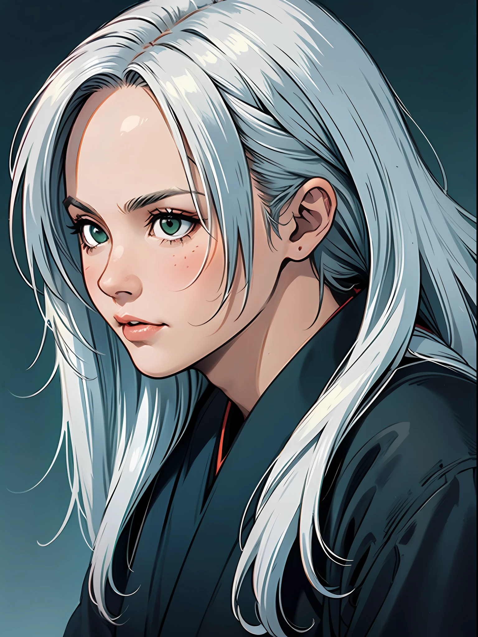 (masterpiece), best quality, sephiroth, masculine detailed hair detailed face, 1 man, man only, solo, close-up portrait, narrow perspective, perfect masculine face, very charming man, traditional hakama samurai kimono, silver white hair, very long hair, green eyes