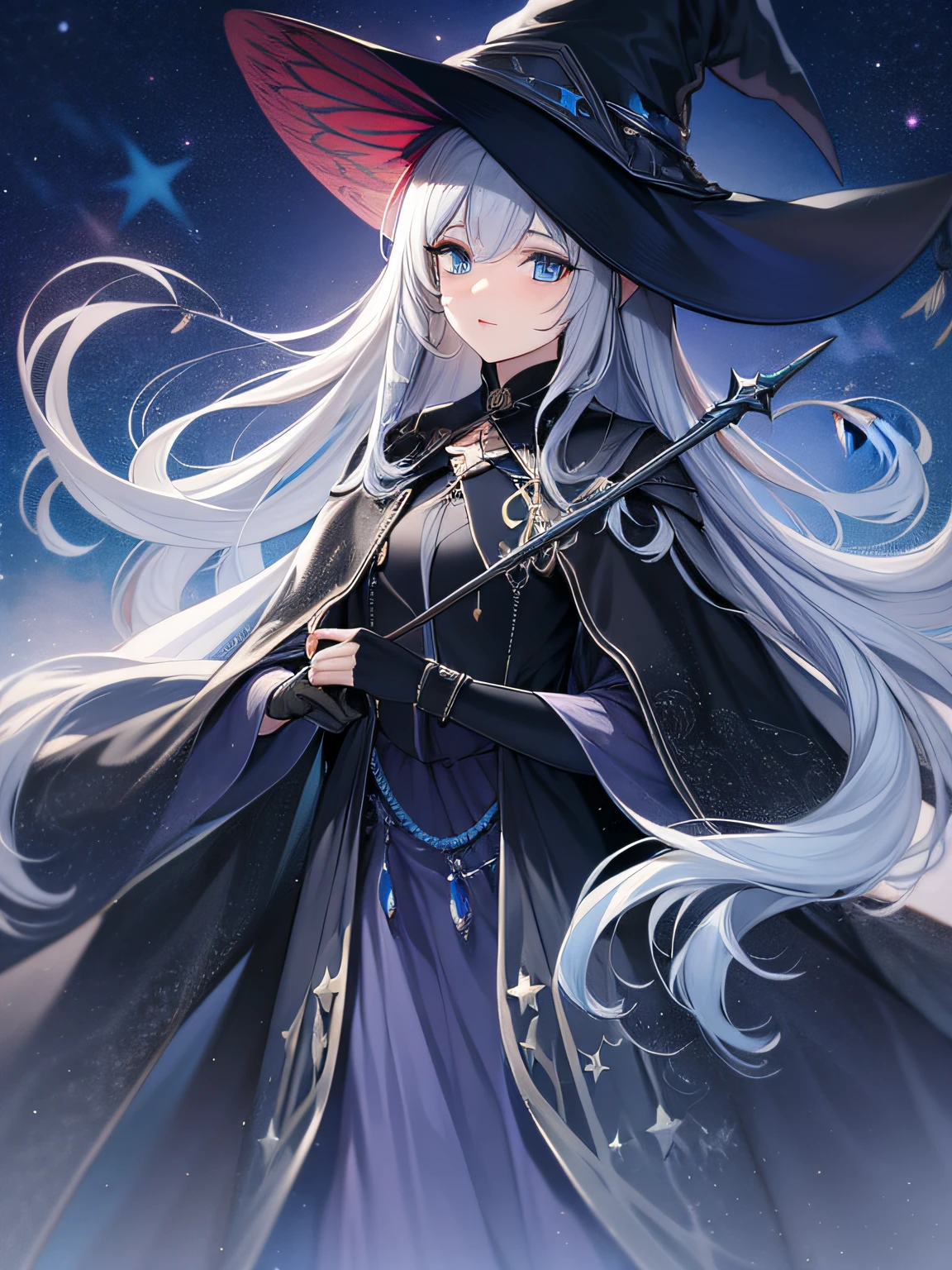The Witch,Black Wand,Star Stick,Silvery hair,Long blue-black dress