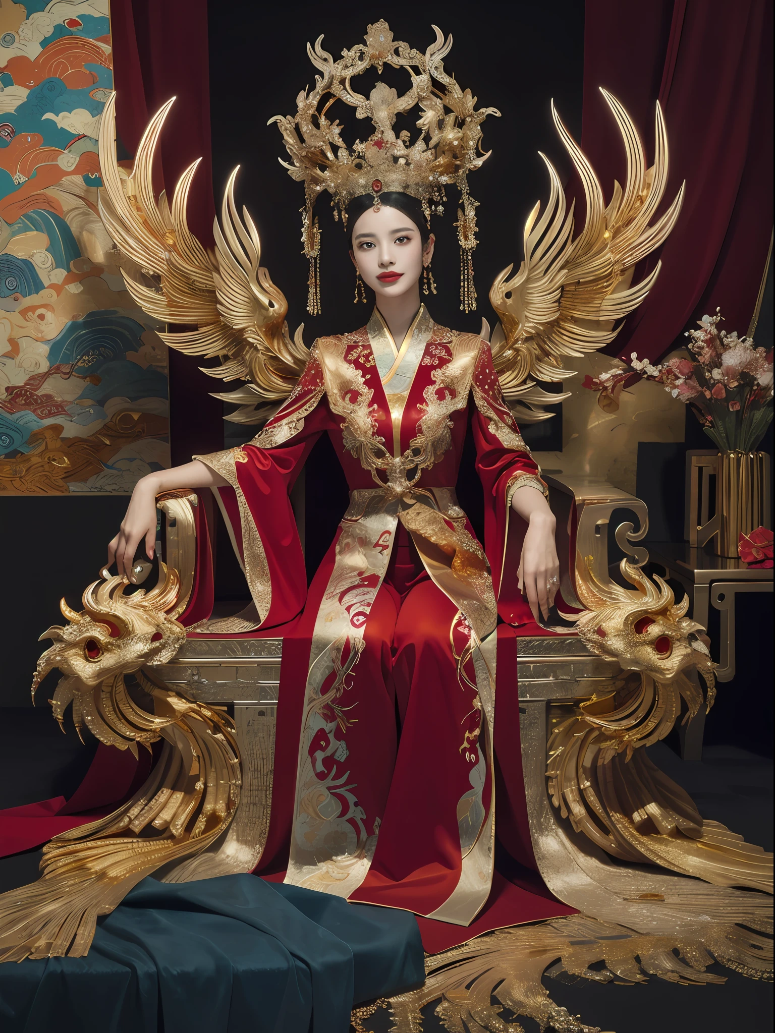 A Chinese queen sitting on a throne, a throne encrusted with precious stones, surrounded by Chinese phoenix beasts, gold and ruby color, unique monster illustration, dau al set, high resolution, A painting, dense composition, playful repetition, Pedras preciosas, crystals, gold, Detailed paintings, unique monster illustration, Super fine details, Realistic, Super high resolution, complex, Super detail, cinmatic lighting，(Red and gold dress:1.3)