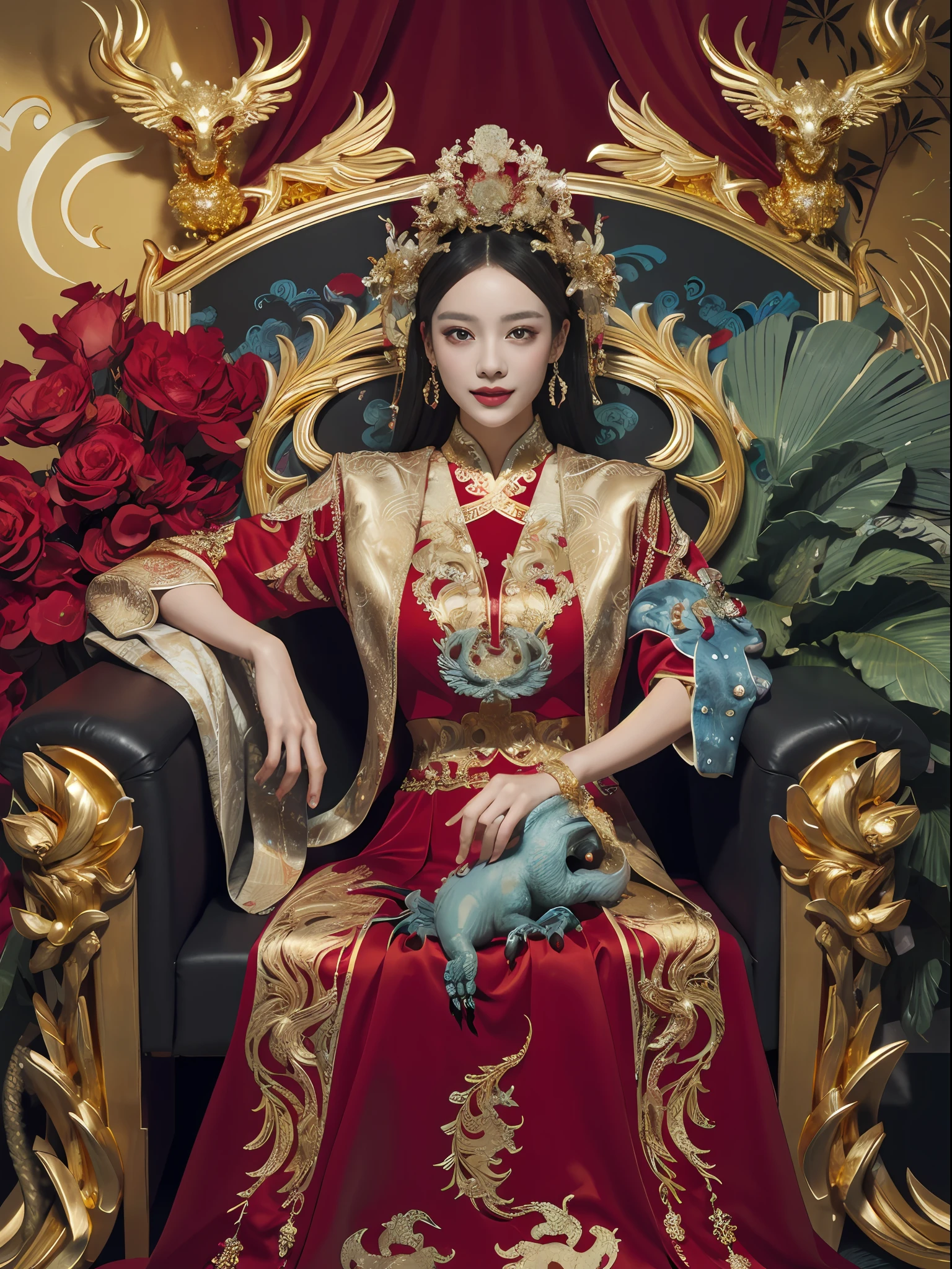 A Chinese queen sitting on a throne, a throne encrusted with precious stones, surrounded by Chinese phoenix beasts, gold and ruby color, unique monster illustration, dau al set, high resolution, A painting, dense composition, playful repetition, Pedras preciosas, crystals, gold, Detailed paintings, unique monster illustration, Super fine details, Realistic, Super high resolution, complex, Super detail, cinmatic lighting，(Red and gold dress:1.3)