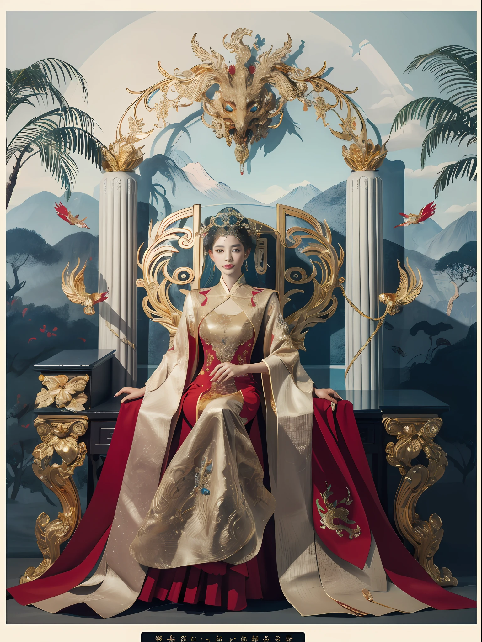 A Chinese queen sitting on a throne, a throne encrusted with precious stones, surrounded by Chinese phoenix beasts, gold and ruby color, unique monster illustration, dau al set, high resolution, A painting, dense composition, playful repetition, Pedras preciosas, crystals, gold, Detailed paintings, unique monster illustration, Super fine details, Realistic, Super high resolution, complex, Super detail, cinmatic lighting,(Red and gold dress:1.3)