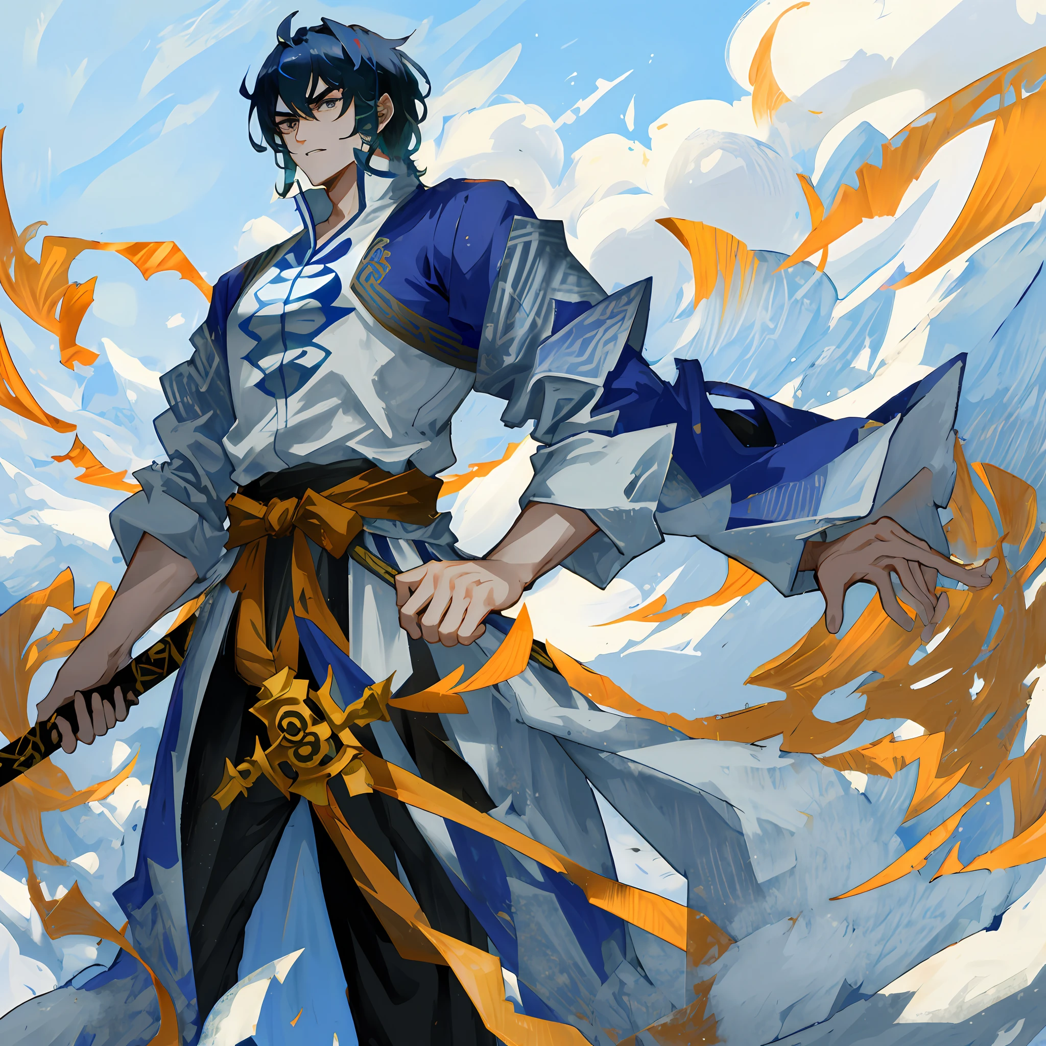 He is tall,Skin light beats snow,Sword eyebrows,Feng Shen is handsome。Blue shirt