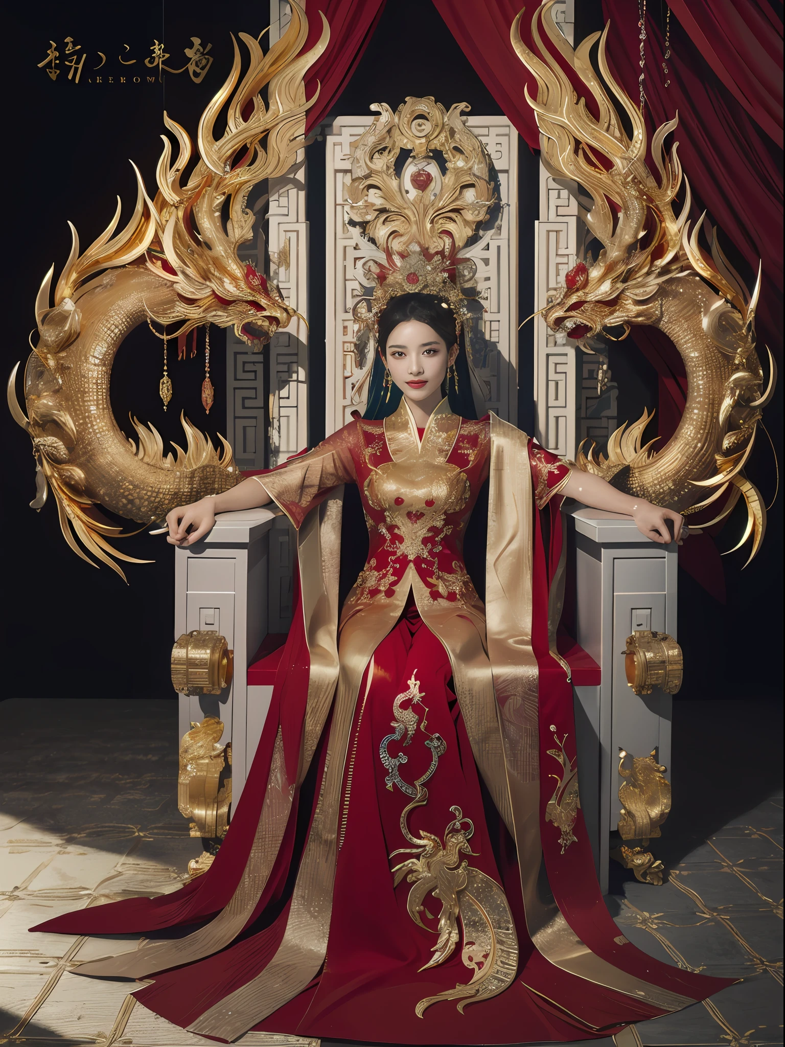 A Chinese girl sitting on a throne, a throne encrusted with precious stones, surrounded by Chinese phoenix beasts, gold and ruby color, unique monster illustration, dau al set, high resolution, A painting, dense composition, playful repetition, Pedras preciosas, crystals, gold, Detailed paintings, unique monster illustration, Super fine details, Realistic, Super high resolution, complex, Super detail, cinmatic lighting，(Red and gold dress:1.3)