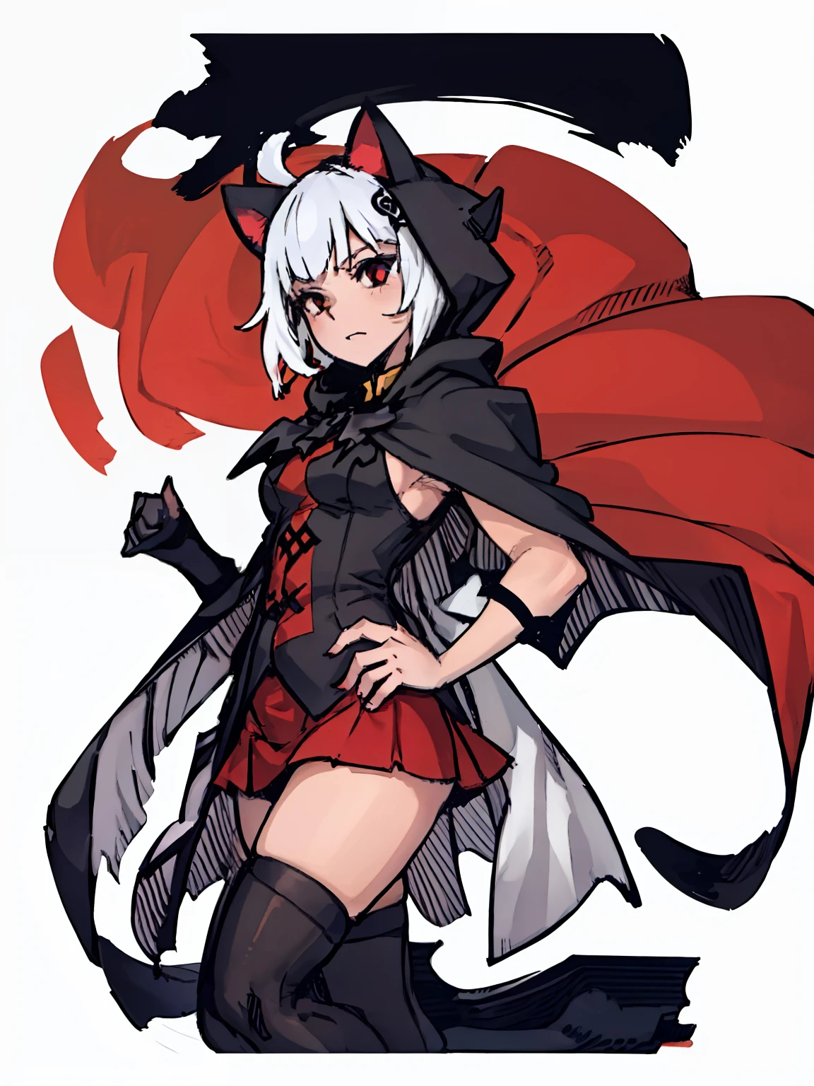 A girl，White color hair，((Black cape),(Cat ear hood), (Red lining),(short  skirt)), Half-body standing, White background