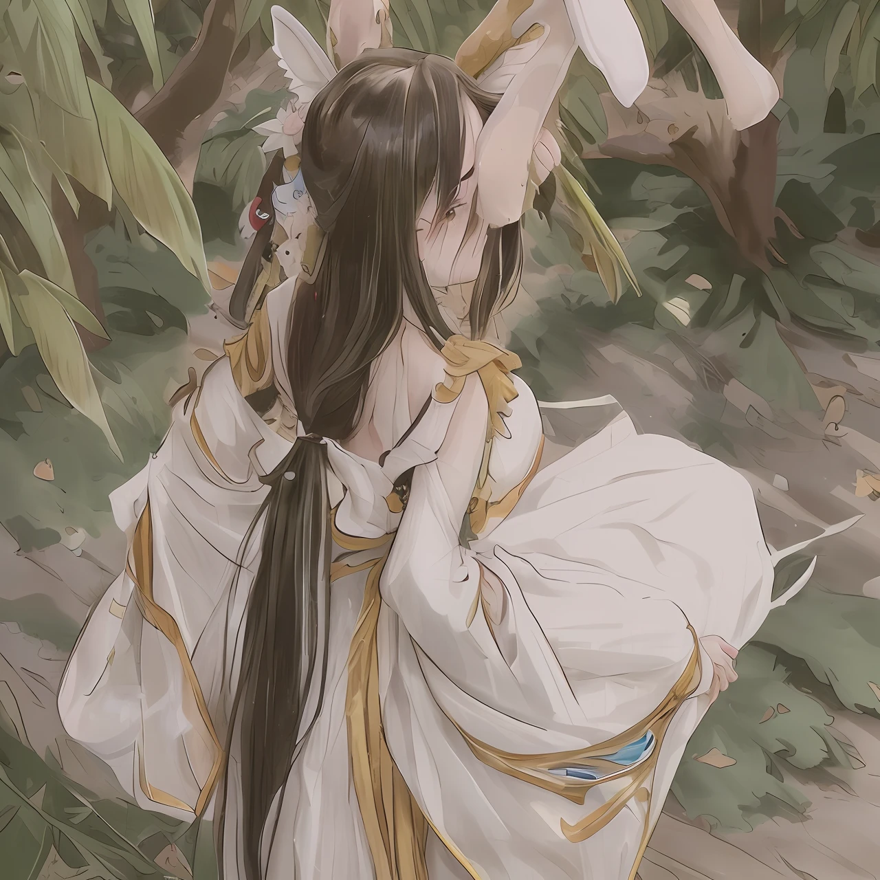 1个Giant Breast Girl,watered eyes,bunny ears,Drunk,long whitr hair,hair adornments,bare-legged,Scattered leaves,Bare shoulders and back,long leges,Costume Hanfu
