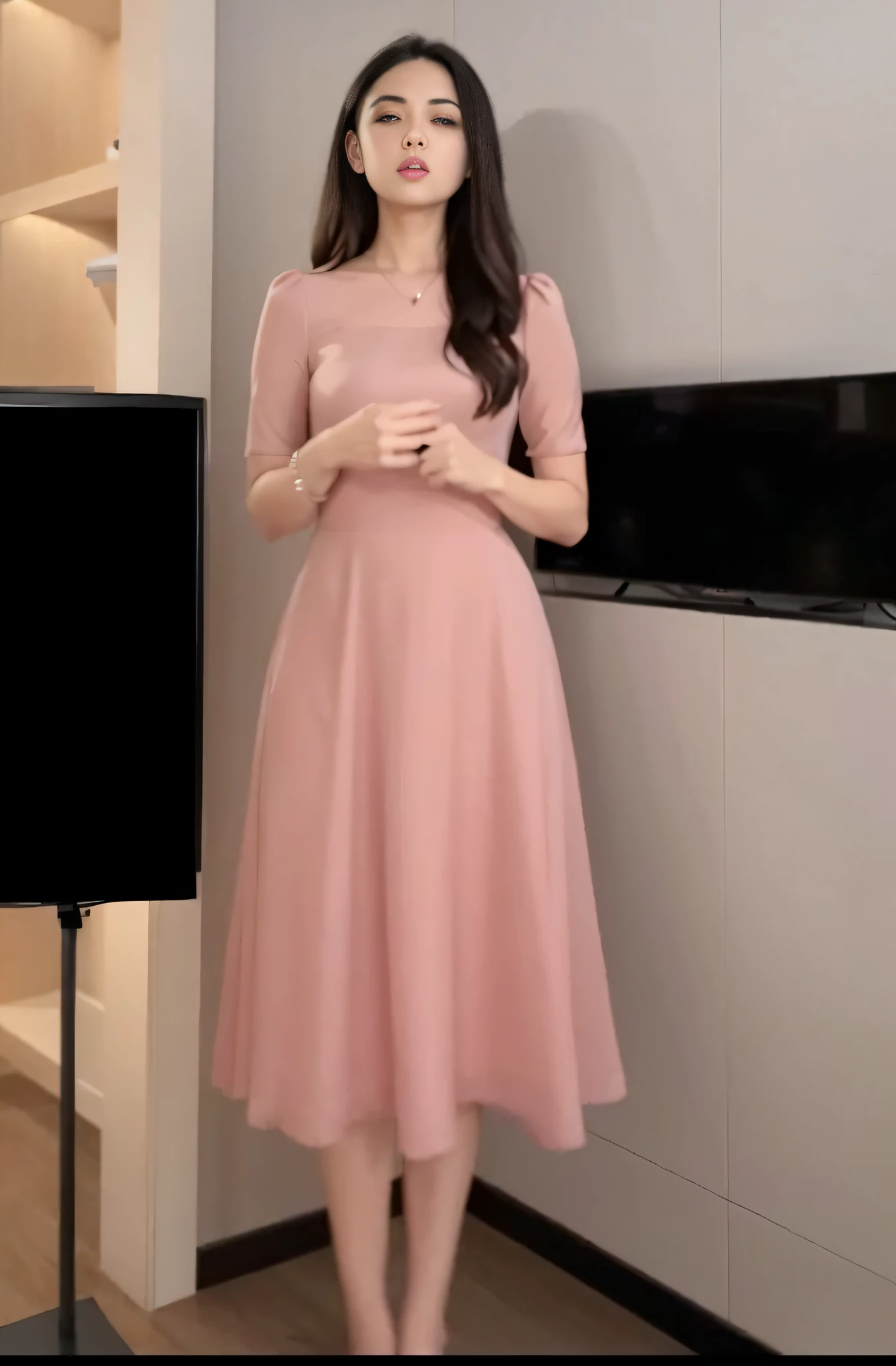 A woman in a pink dress stands in front of a television, simple dress, soft silk dress, Elegant dress, Pink dress, Women's long skirt, light half opened dress, Romantic dress, frock, Wearing a pink dress, (in pink), beautiful soft silky dress, Woman in dress, dress, Dressed in elegant dresses, Cute dress, floating dress --auto