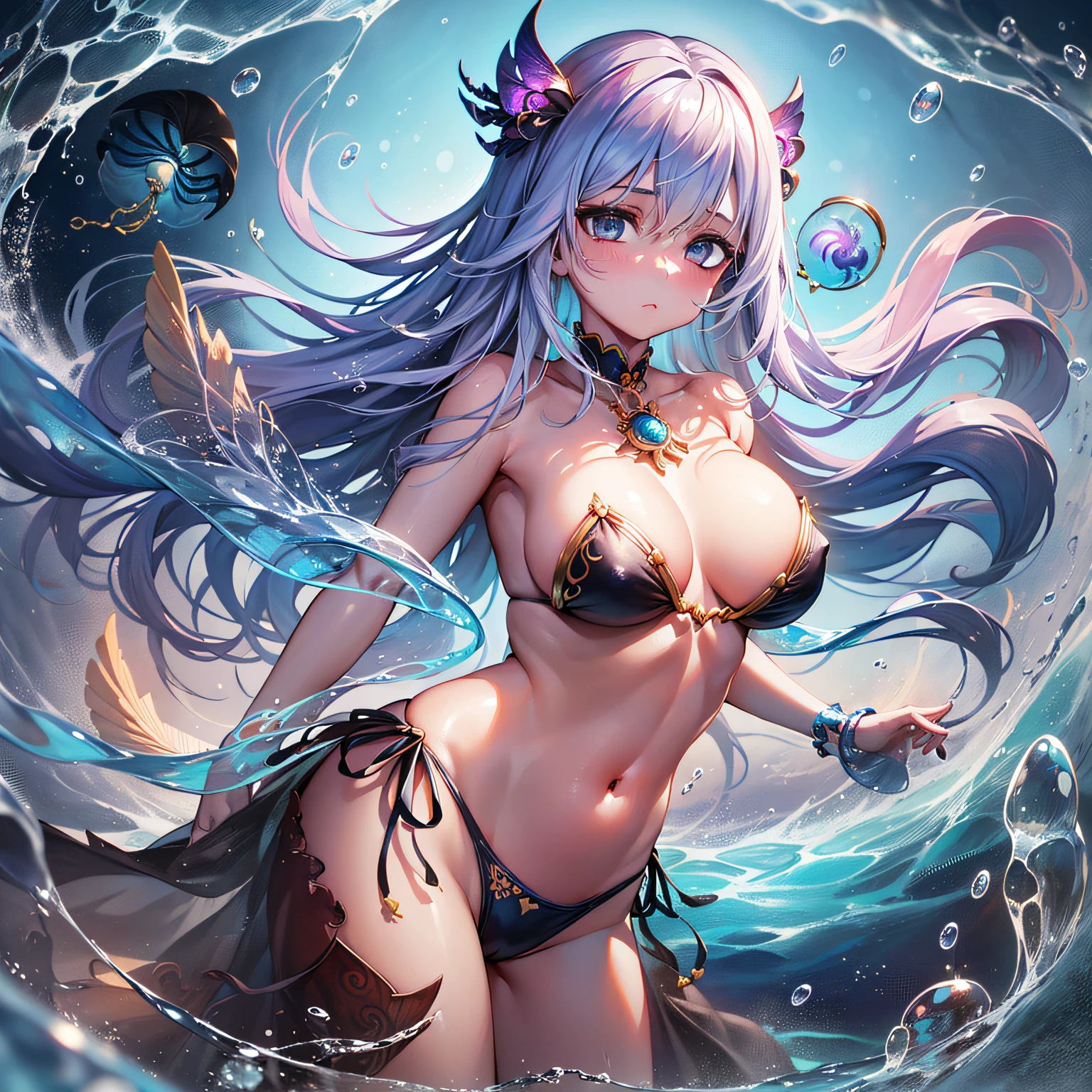 ganyu\(genshin impact\), 1girl blush, breasts, Chinese knot, the sleeve, flower knot, , cow horn, long whitr hair, looking at viewert, middlebreast, Neckbells, the night,purpleeyes, temple, solo, nipple tassels, ((masterpiece)) Swimsuit Sexy swimsuit Seaside Sea