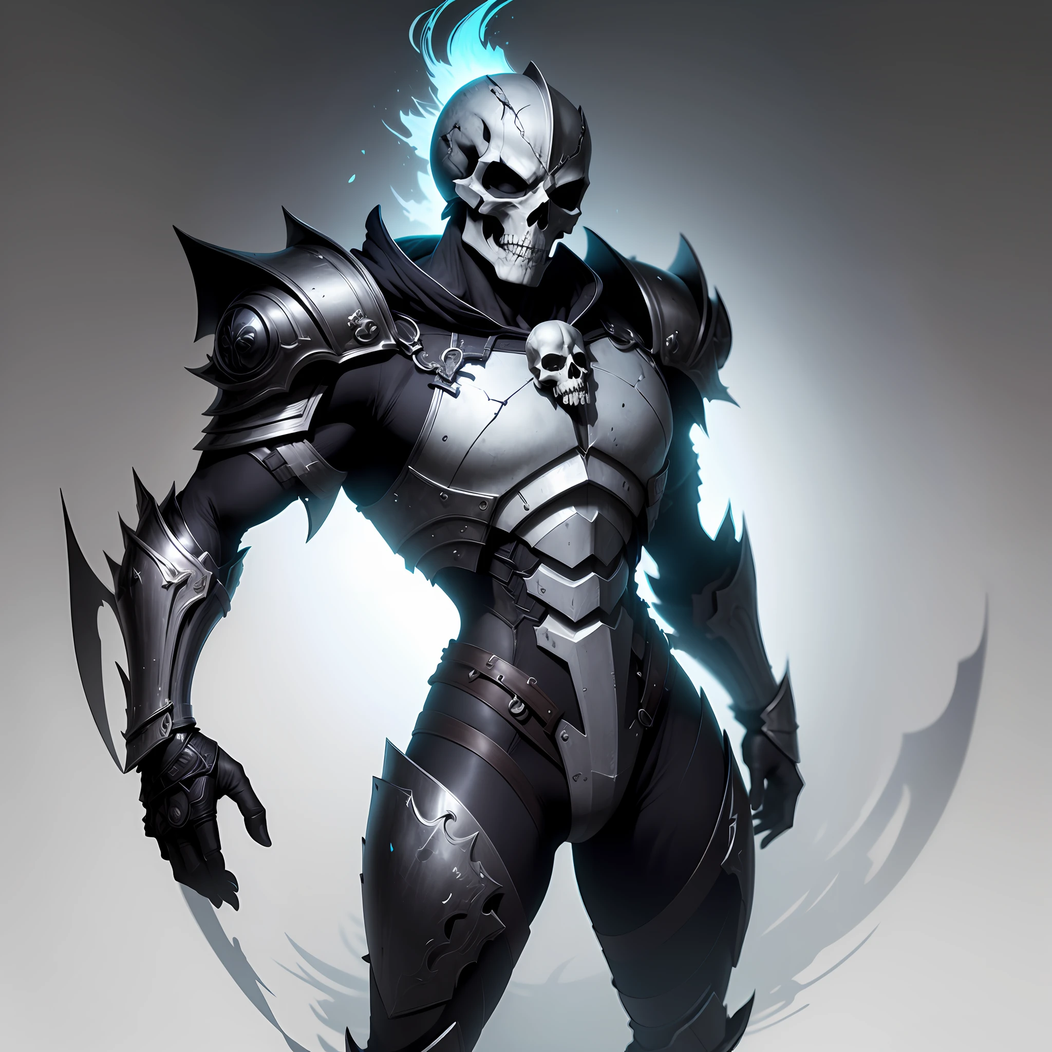 Black metal armor, skull face, Standing forward, Aura do Mal, ((Wallpaper extremamente detalhado 8k)), ((bons destaques)), ((perfectly proportions)), (cores complementares), aura das sombras