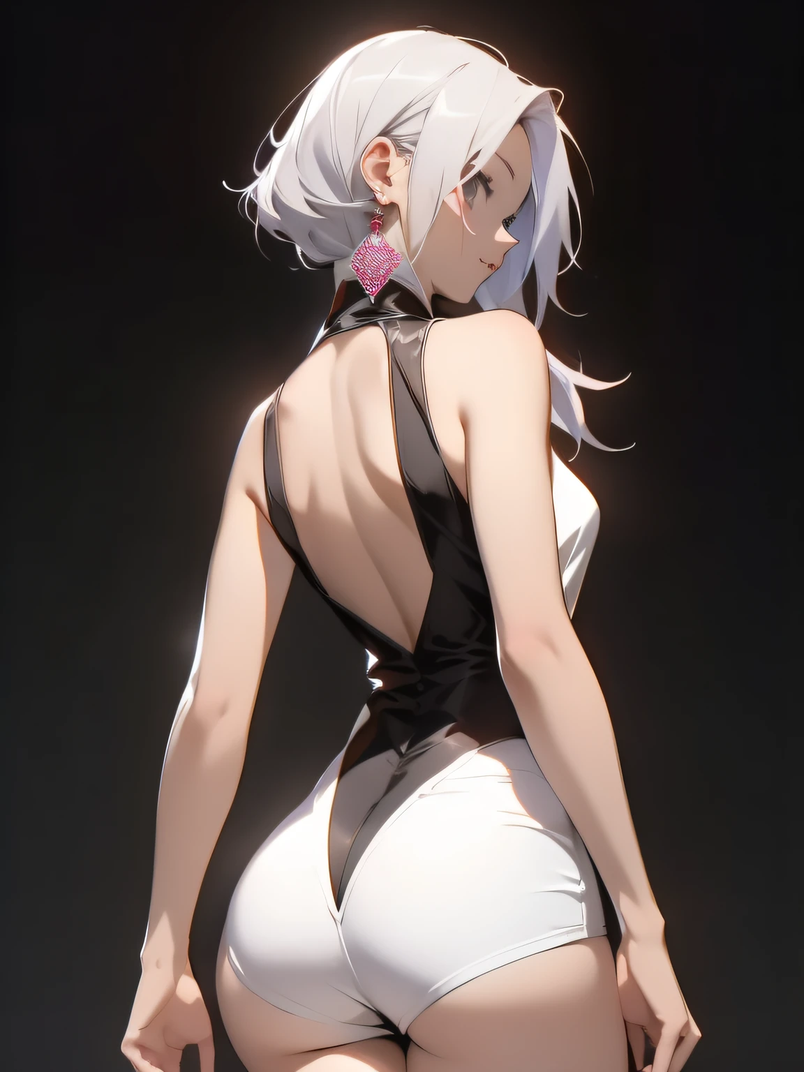 ((Absurdres)), ((best quality)), ((masterpiece)), ((Simon Bisley)), (((wimple))), Beautiful elegant backside view of anime woman showing butt wearing white and black fashion sleeveless blouse and white tight mini shorts, bare arms and hands, backside view, white short hair, 30 years old, fit and tall body, two-piece outfit, small earrings, cute face, Sexy backside standing pose, black background, grayscale image, Colorless lighting
