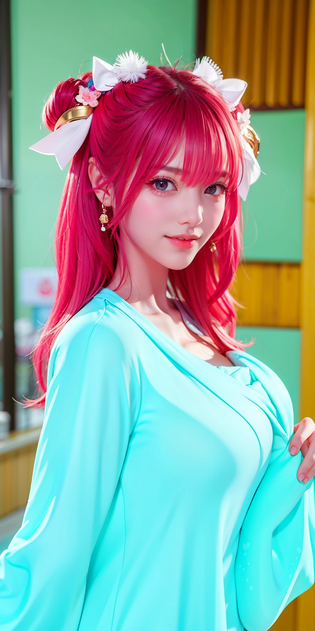(8k, 4k, best quality, highres:1.2), (maasterpiece, realistic, photo realistic:1.37), 1girl, solo, beautiful face, eyelashes, nose, glossy lips, (detailed eyes, looking at viewer, fair skin, white skin:1.5), fine complexion, upper body,
large breasts, busty,,,
outdoor onsen,
two side up, absurdly long hair, blonde hair, pink hair, bangs, hair ornament, bow,
younger, aged down,