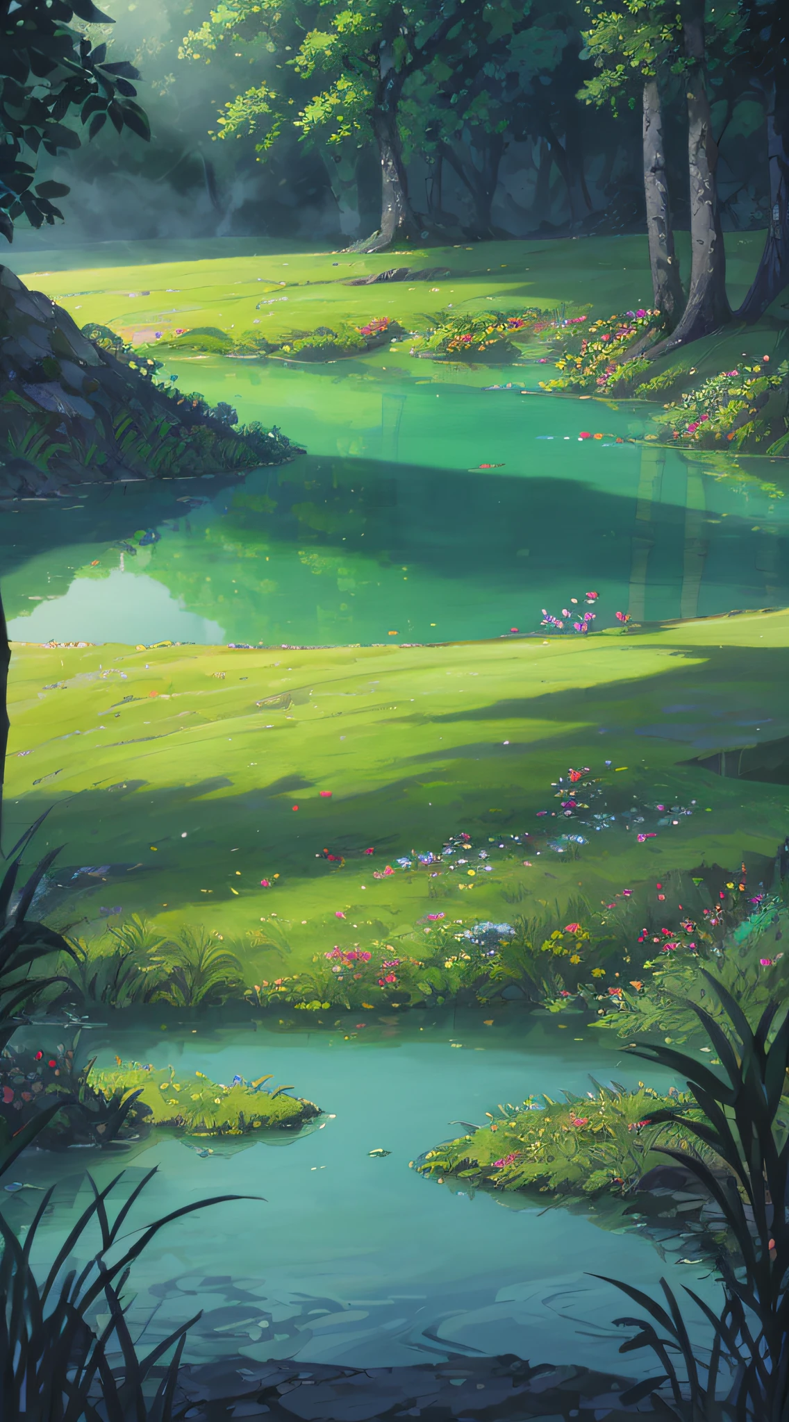 Hot springs, heat, water vapor, waterfalls, ancient Chinese times, jungles, lakes, caves, trees, meadows, night (illustration: 1.0), epic composition, realistic lighting, HD details, masterpieces, best quality, (very detailed CG unified 8k wallpaper)