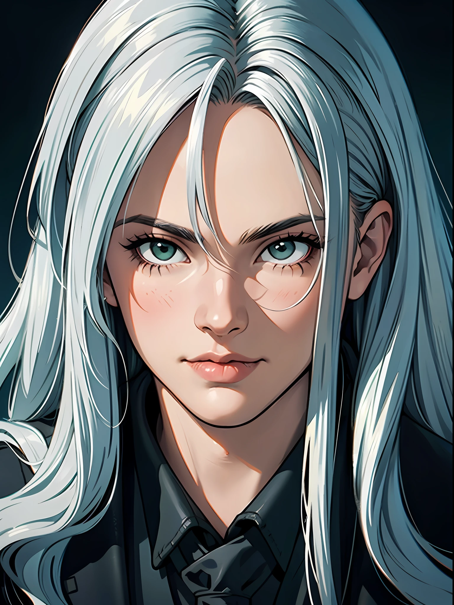 (masterpiece), best quality, sephiroth, masculine detailed hair detailed face, 1 man, man only, solo, close-up portrait, narrow perspective, perfect masculine face, very charming man, black suits, silver white hair, very long hair, green eyes