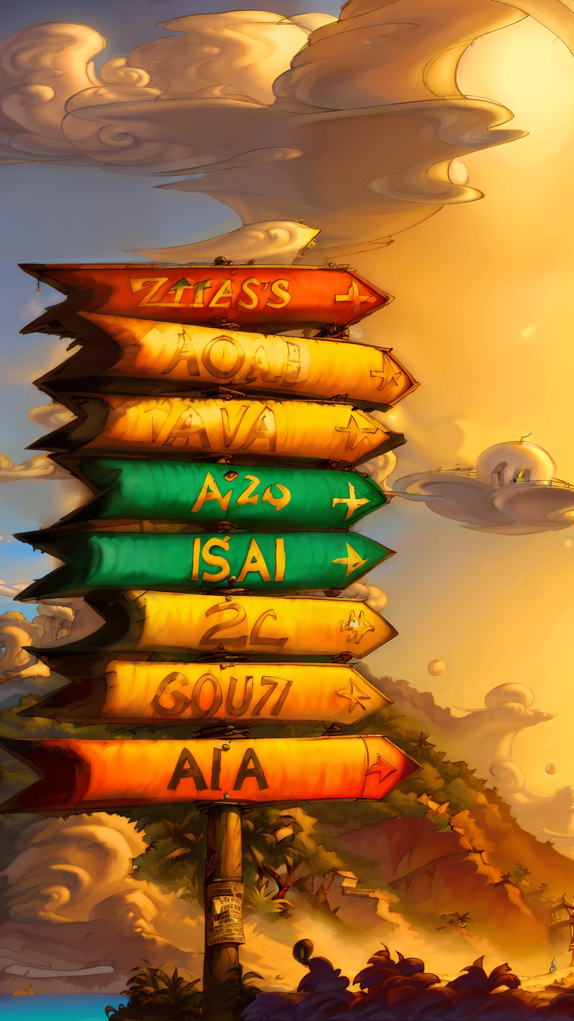 The signs on the poles point in different directions to different destinations, Colorful signs, Signboard, direction, Signs, author:Kazis Vanellis, Lots of signs, Signs, vibrant tourism poster, tourist destination, author:Elias Ravanetti, split near the left, vibrant and vivid, vacation, author:Matthia Jama, very intricate, There are names, Travel habits