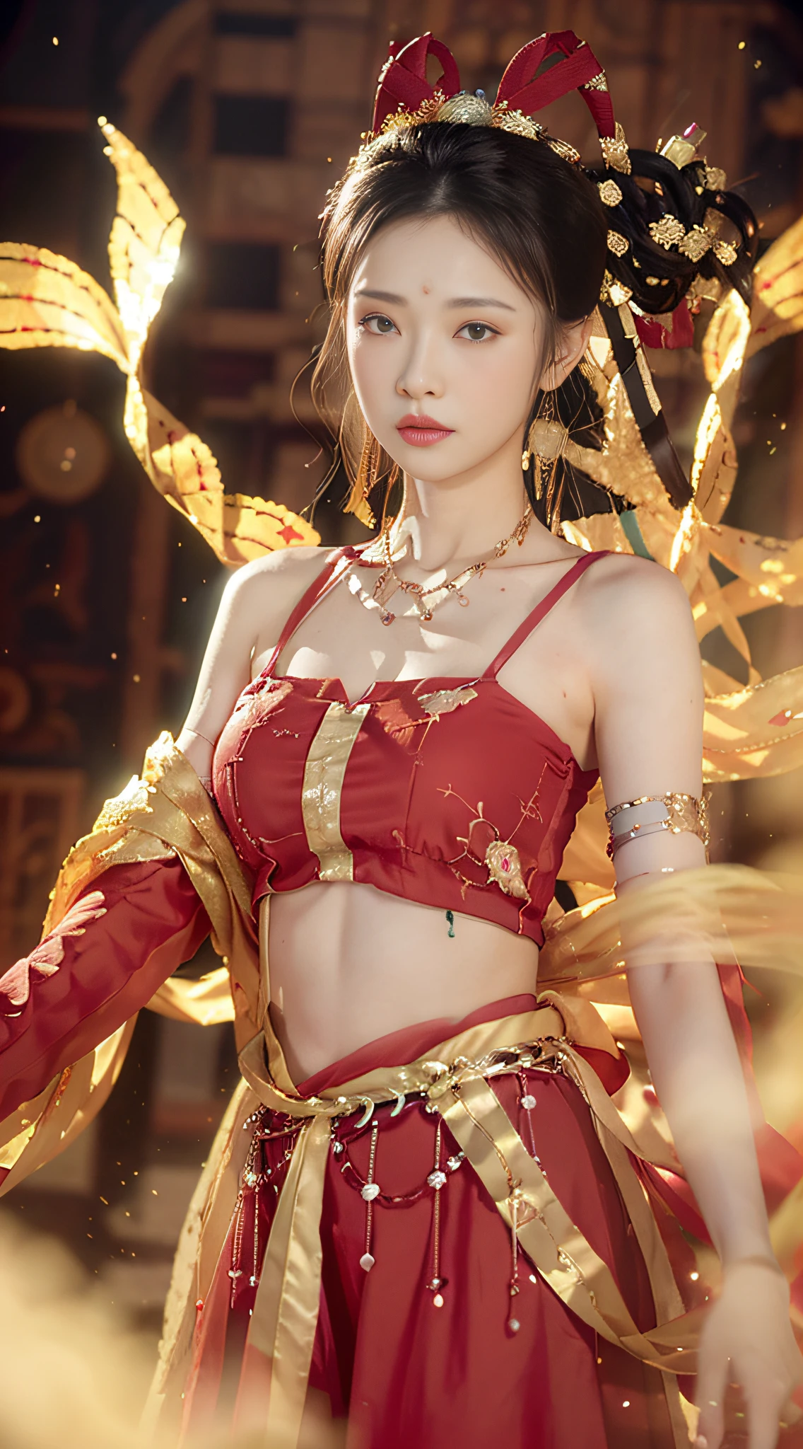 (8k, RAW photo, best quality, masterpiece:1.2), (realistic, photo-realistic:1.4), (extremely detailed CG unity 8k wallpaper), (1 girl:1.5), Western beauty, (Red clothes: 1.4), red spots on forehead, pale skin, blush, big eyes, full body, thighs, open navel, gold waist chain, gold jewelry, flying ribbons, particles, background is Loulan ancient city, ancient city wall, desert, dance, dunhuang_dress, dunhuang_style,