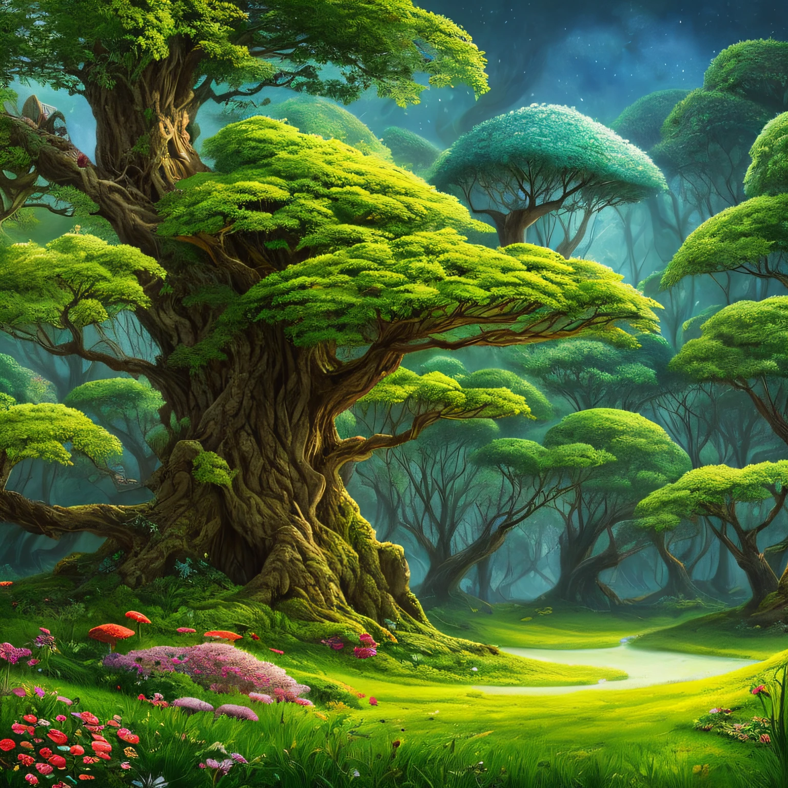 uma pintura de uma floresta, ((with an ancient tree in the center)), open area with luminous mushrooms, paisagem de floresta de fantasia, floresta de fantasia, arte conceitual colorida, Arte de fantasia 4k, fantasy tree, paisagem de arte de fantasia, magic fantasy forest, fantasy magical vegetation, ambiente de floresta de fantasia, enchanted and magic forest, floresta de fantasia encantada, magical concept art, estilo de arte de fantasia, Pintura digital de fantasia, Arte de fantasia 8k --auto