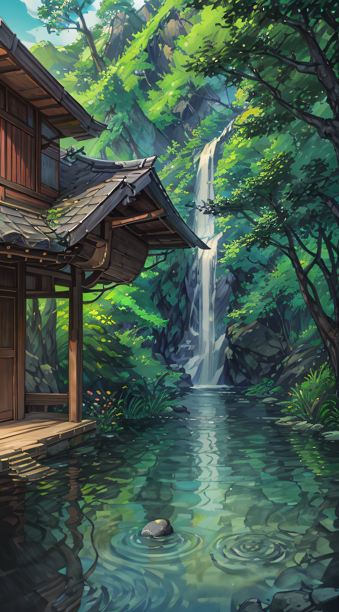 Chinese ancient times, spring, jungle, lake, cave, waterfall, tree, meadow, rock, deer, hot spring, water vapor, (illustration: 1.0), epic composition, realistic lighting, HD details, masterpiece, best quality, (very detailed CG unified 8k wallpaper)