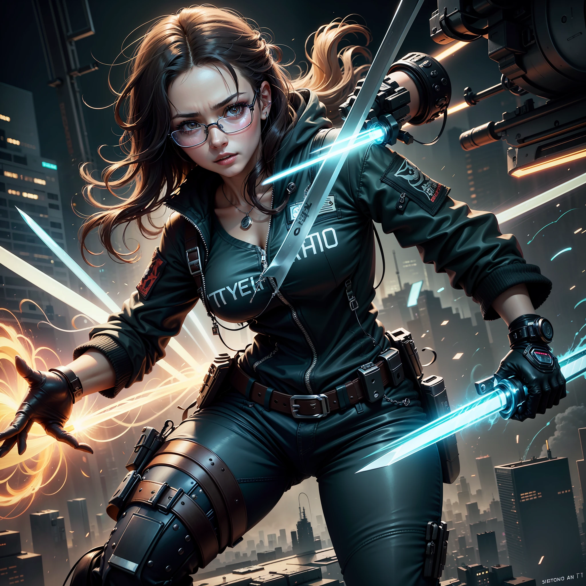 Best quality at best,tmasterpiece,(Fidelity:1.2),1 girl,brown hair,with brown eye,frontage,A detailed face,beautidful eyes,Cyberpunk-city,Futuristic,toyko,s girl,eye glass,flight jaket,Armband,tactical knife,Girls seem harmless to humans and animals, But she actually has a stunt type,on a mission,cyber punk perssonage,Pinus massoniana,future-tech,neonlight,城市,Informative,Meticulous details,light and shadow effect,Ray traching,城市,Neon billboard,katana swords,Warrior style, --auto