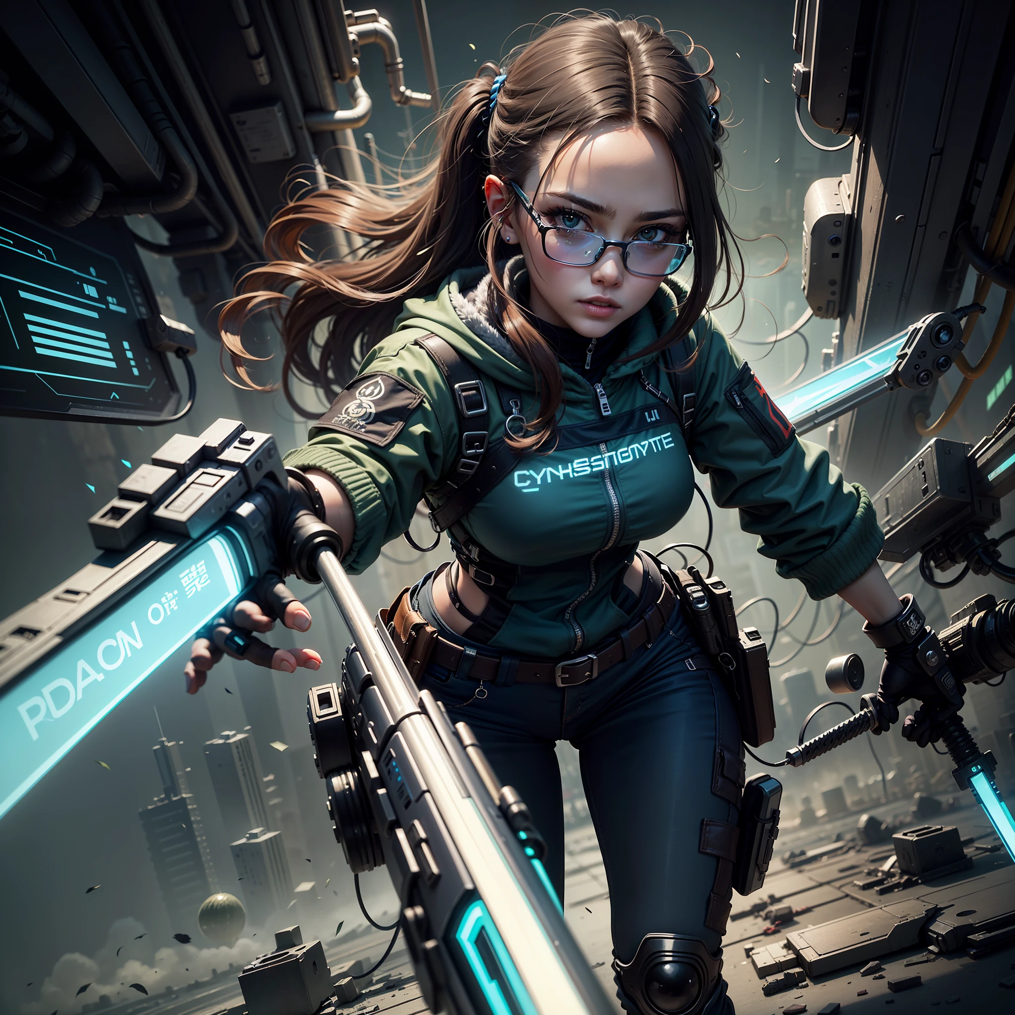Best quality at best,tmasterpiece,(Fidelity:1.2),1 girl,brown hair,with brown eye,frontage,A detailed face,beautidful eyes,Cyberpunk-city,Futuristic,toyko,teens girl,eye glass,flight jaket,Armband,tactical knife,Girls seem harmless to humans and animals, But she actually has a stunt type,on a mission,cyber punk perssonage,Pinus massoniana,future-tech,neonlight,城市,Informative,Meticulous details,light and shadow effect,Ray traching,城市,Neon billboard,katana swords,Warrior style, --auto