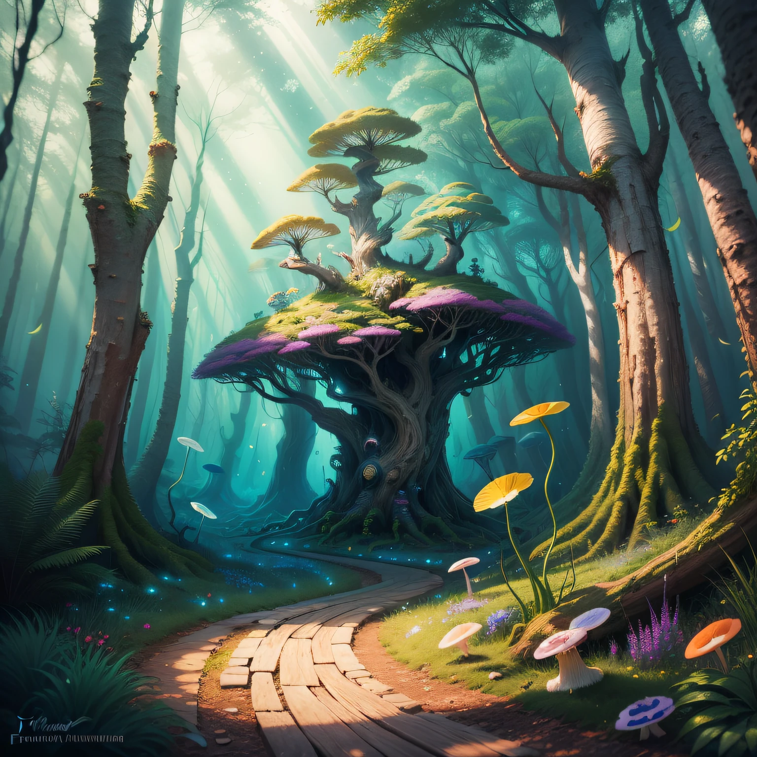 uma pintura de uma floresta, ((with an ancient tree in the center)), open area with luminous mushrooms, paisagem de floresta de fantasia, floresta de fantasia, arte conceitual colorida, Arte de fantasia 4k, fantasy tree, paisagem de arte de fantasia, magic fantasy forest, fantasy magical vegetation, ambiente de floresta de fantasia, enchanted and magic forest, floresta de fantasia encantada, magical concept art, estilo de arte de fantasia, Pintura digital de fantasia, Arte de fantasia 8k --auto