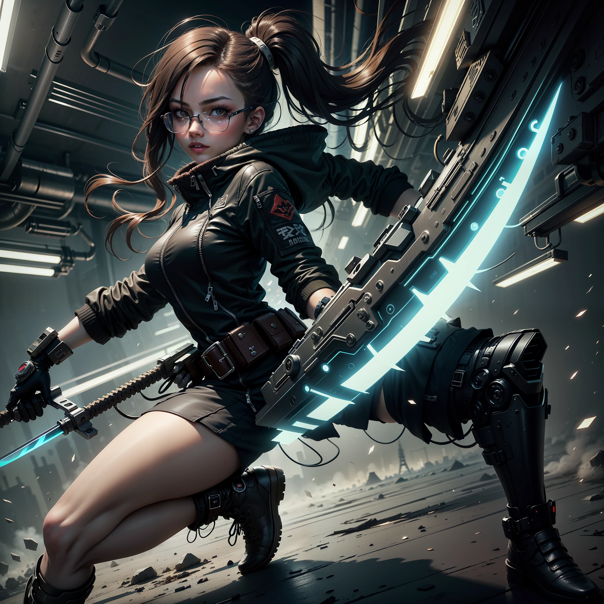 Best quality at best，tmasterpiece，（Fidelity：1.2），1 girl，brown  hair，with brown eye，frontage，A detailed face，beautidful eyes，Cyberpunk-city，Futuristic，toyko，teens girl，eye glass，flight jaket，Armband，tactical knife，Girls seem harmless to humans and animals, But she actually has a stunt type，on a mission，cyber punk perssonage，Pinus massoniana，future-tech，neonlight，城市，Informative，Meticulous details，light and shadow effect，Ray traching，城市，Neon billboard，katana swords，Warrior style， --auto