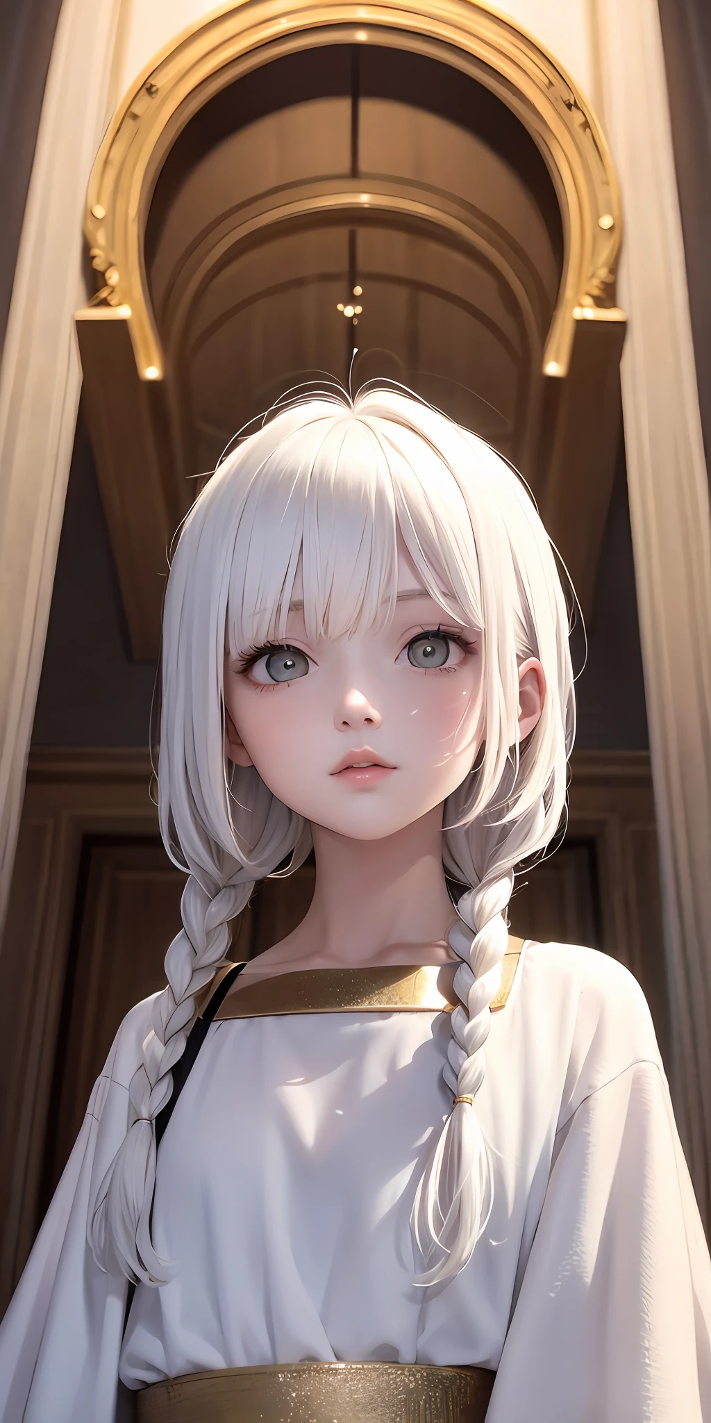 best quality, masterpiece,white hair, gold eyes,white clothes, looking up, upper body,hair strand,Fair skin,side braids