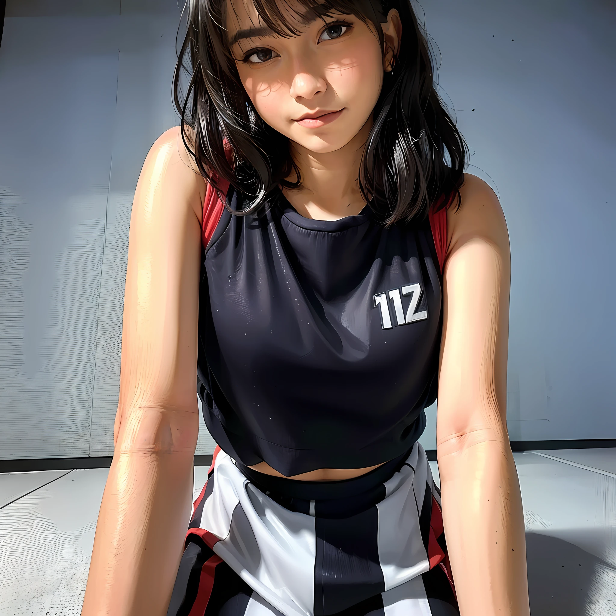 (Masterpiece quality:1.1) A photorealistic cowgirl portrait with (intense gaze:1.3 and direct eye contact:1.2) by (Freya JKT48:1.2) featuring (black eyes and perfect closed lips:1.1) and (high contrast:1.2), (masterpiece) (high resolution) Detailed illustration of (a girl with beautiful features), wearing (colorful sportswear), sitting on the (gym floor) with her legs spread, showing off (intricately designed leggings) and a (stylish sports bra), With (+1.2) emphasizing their fit physique and (+1.1) chest tattoos, the cinematic lighting (+1.1) adds a sense of depth and emotion as it shines through the black tattoo, highlighting all the perfectly toned abs.