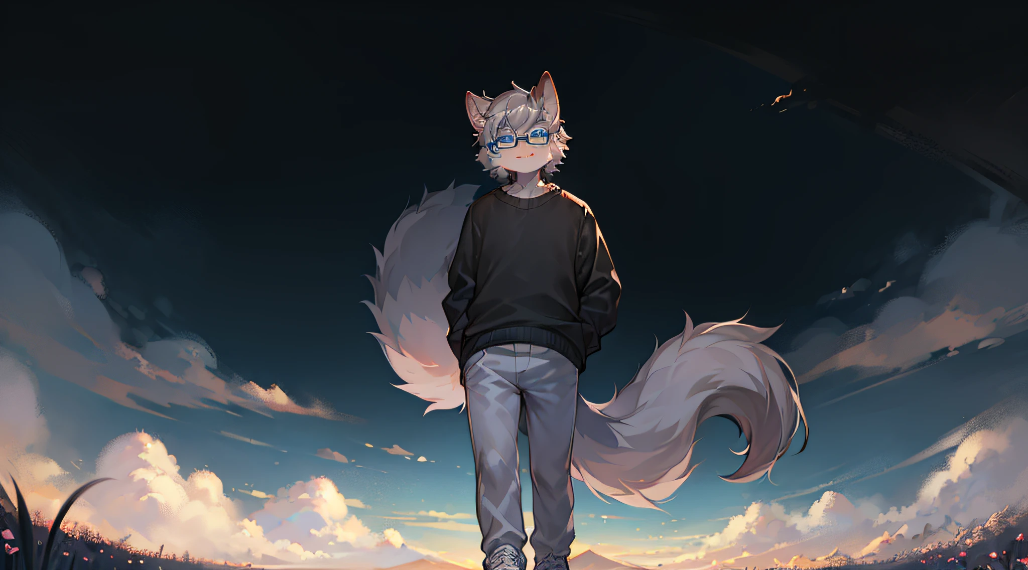 tmasterpiece,High-quality portraits,abstract res,digitial painting(anthro,Fluffy fur,Character focus),anthro male wolf, short detailed hair, eyes with brightness, in a panoramic view, Character focus，shaggy, shaggy male, (Full Body Furry, Fluffy tail, White fur, blue color eyes, Gray hair，having fun，Erect ears), (long canines、）夏天，grassy fields，A few small flowers，clear lakes，sheeps，a paradise，Large clouds，blue-sky，scorching weather，high definition detail，Hyper-detailing，cinematic ligh，ultra-realistic realism，the soft light，Deep field focus bokeh，The vista in the distance is snow-capped mountains，Ray tracing and surrealism、（short white pants，white legwear，White casual shoes，gray sweaters，Black glasses，Super cute face，posing on a，）