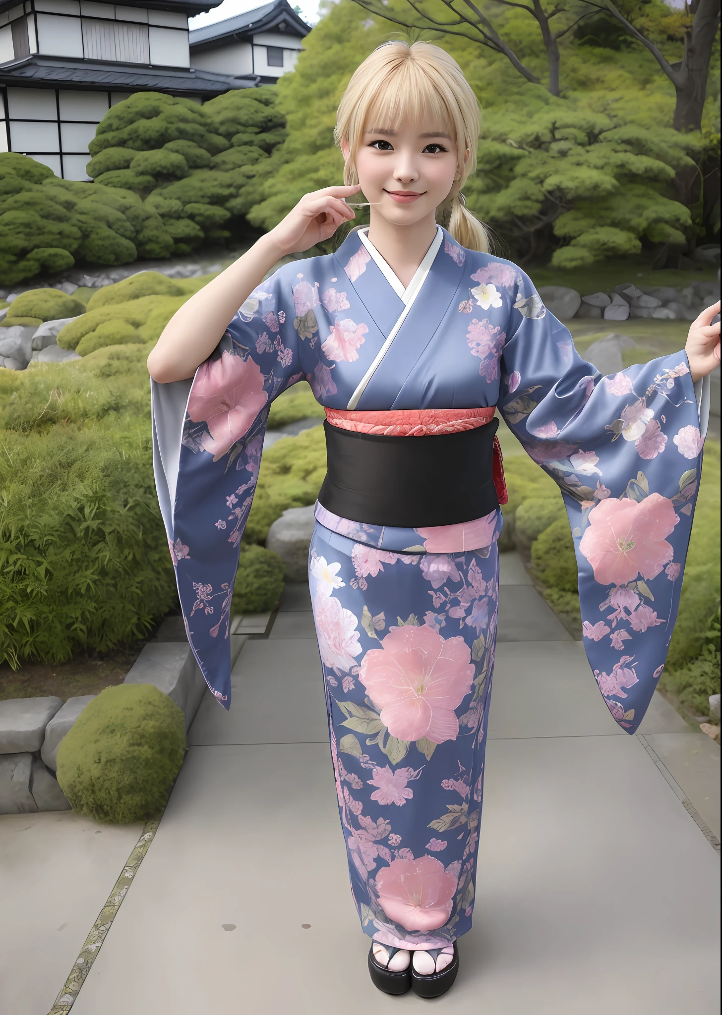 best quality, masterpiece, beautiful face with tiny lips, (photo photo-realistic:1.3), edge lighting, (high detail skin:1.2), 8k ultra hd, DSLR, high quality, high resolution, 72k, bokeh, realistic edit, realistic finger, gorgeous kimono, ((1girl), (long ponytail hair, blonde hair, front bangs), (cute face,beautiful face, simetric face, japan artist face), (small body, short),  ((park), (cute pose, full body potrait, potrait))