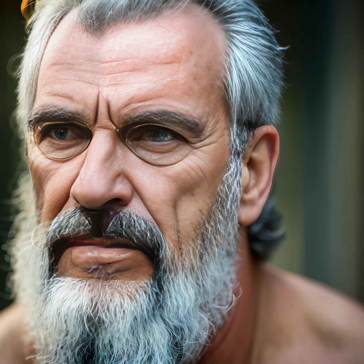 Um retrato de um homem profeta, barbudo, enrugado, envelhecido, com olhos penetrantes, rosto detalhado, detalhes altos, fotografia, luz natural, Nikon D850, 50mm, f/1.4