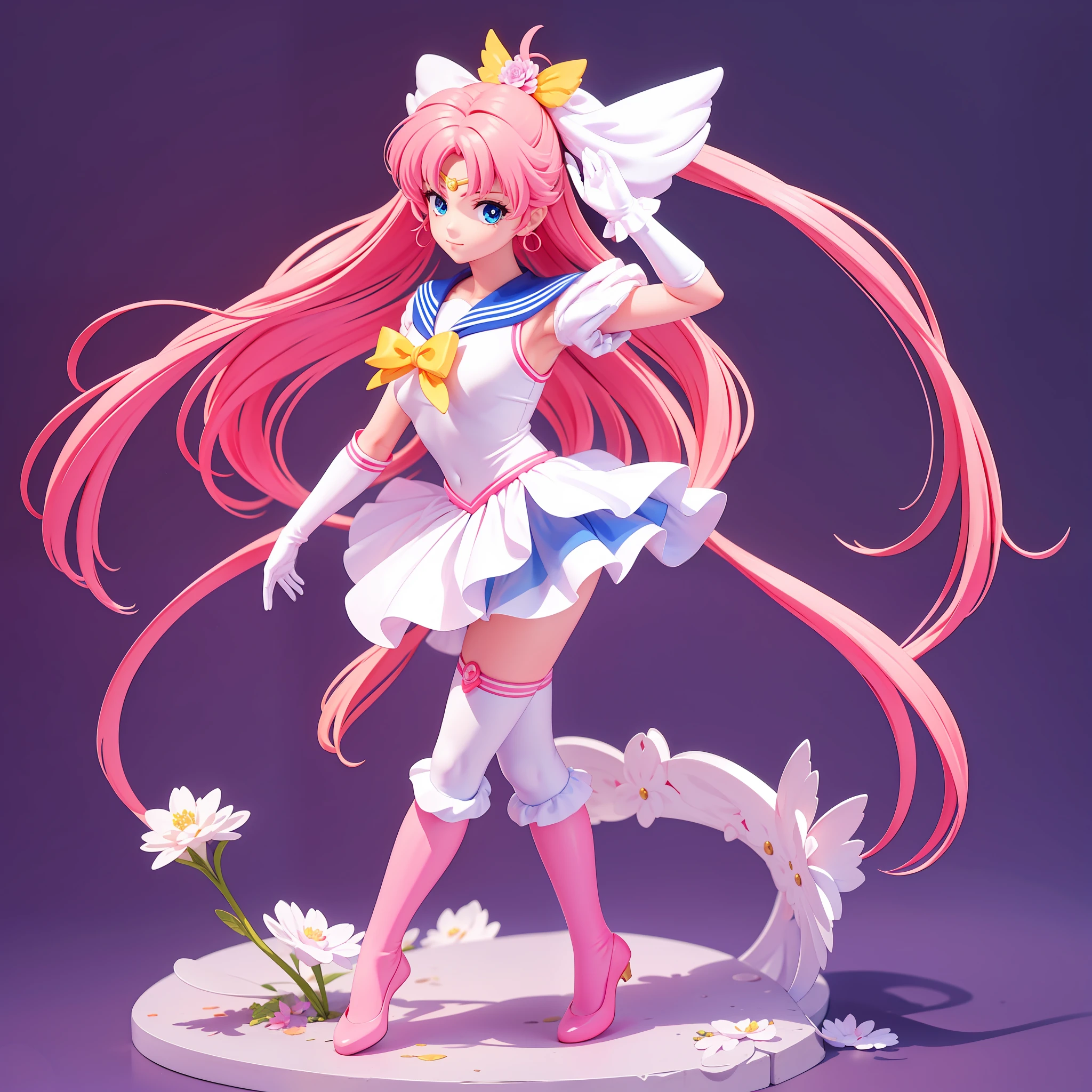 Figure, 3d figurine, standing on a stand,intricate details, best quality, masterpiece,long hair, pink hair, flower hair ornaments,wind blown hair, hair framing, absurdres, soft light, thighhighs,simple background, looking at viewer, hair ornament, blue eyes, pink long hair, bangs, hair between eyes, eternal sailor moon,sailor senshi, detailed face, face focus, shiny skin,white gloves, magical girl,full body