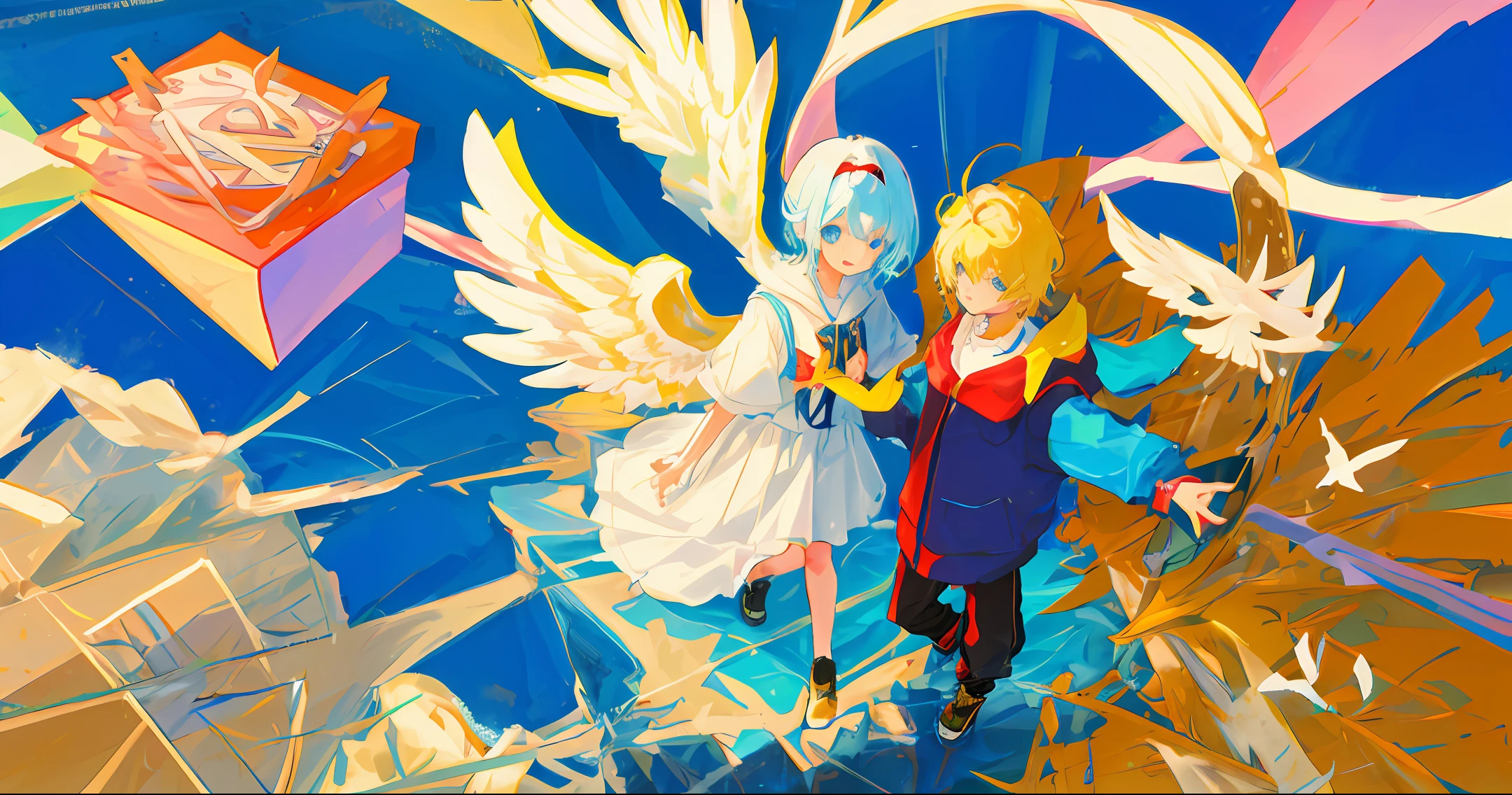 Two beautiful boys with angel wings fall from the sky