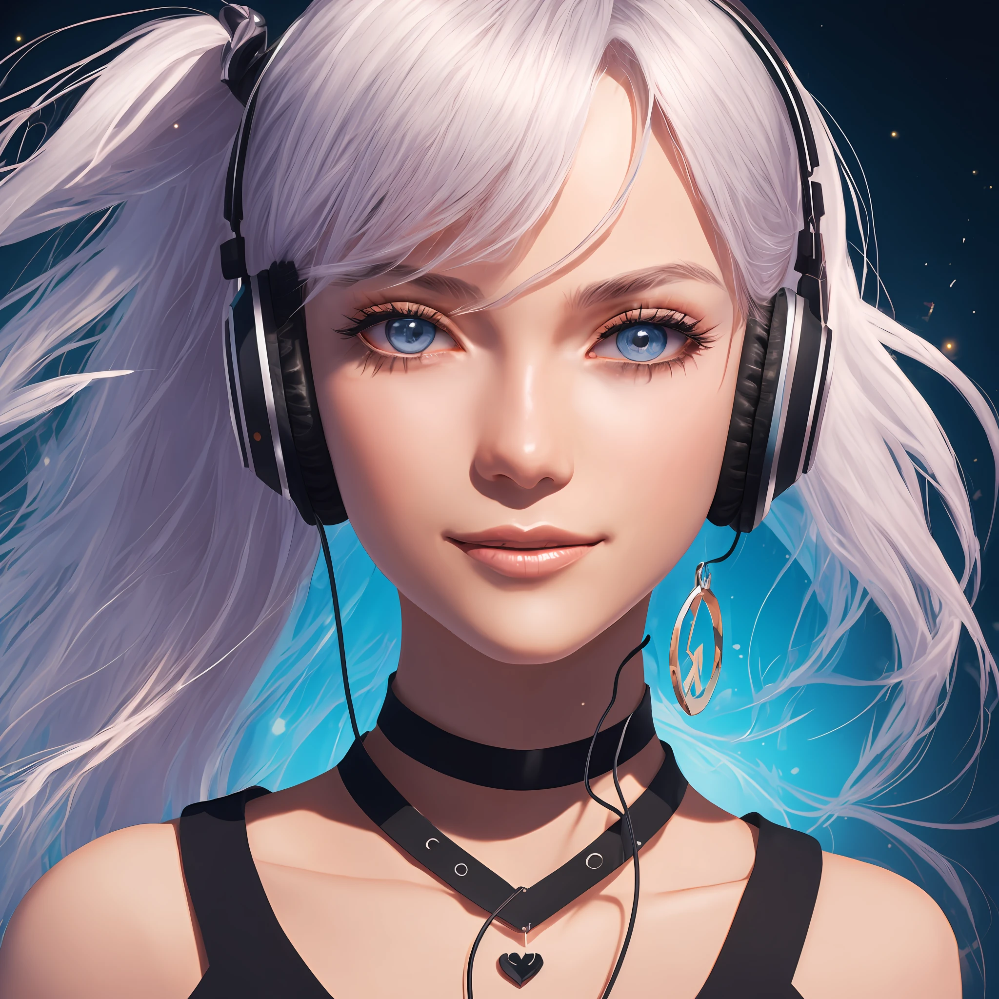 black hair, streaked hair, silver hair, ahoge, ponytail, ponytail, hairclip, anchor choker, behind-the-head headphones, crazy eyes, mismatched pupils, mismatched sclera, x-shaped pupils, longeyelashes, heart earrings, evil smile, crazy, chin grab, Futurism, depth of field, god rays, sparkle, reflection light, drop shadow, move chart, close-up, 8k, super detail, high quality, highres, high details, textured skin, masterpiece --auto