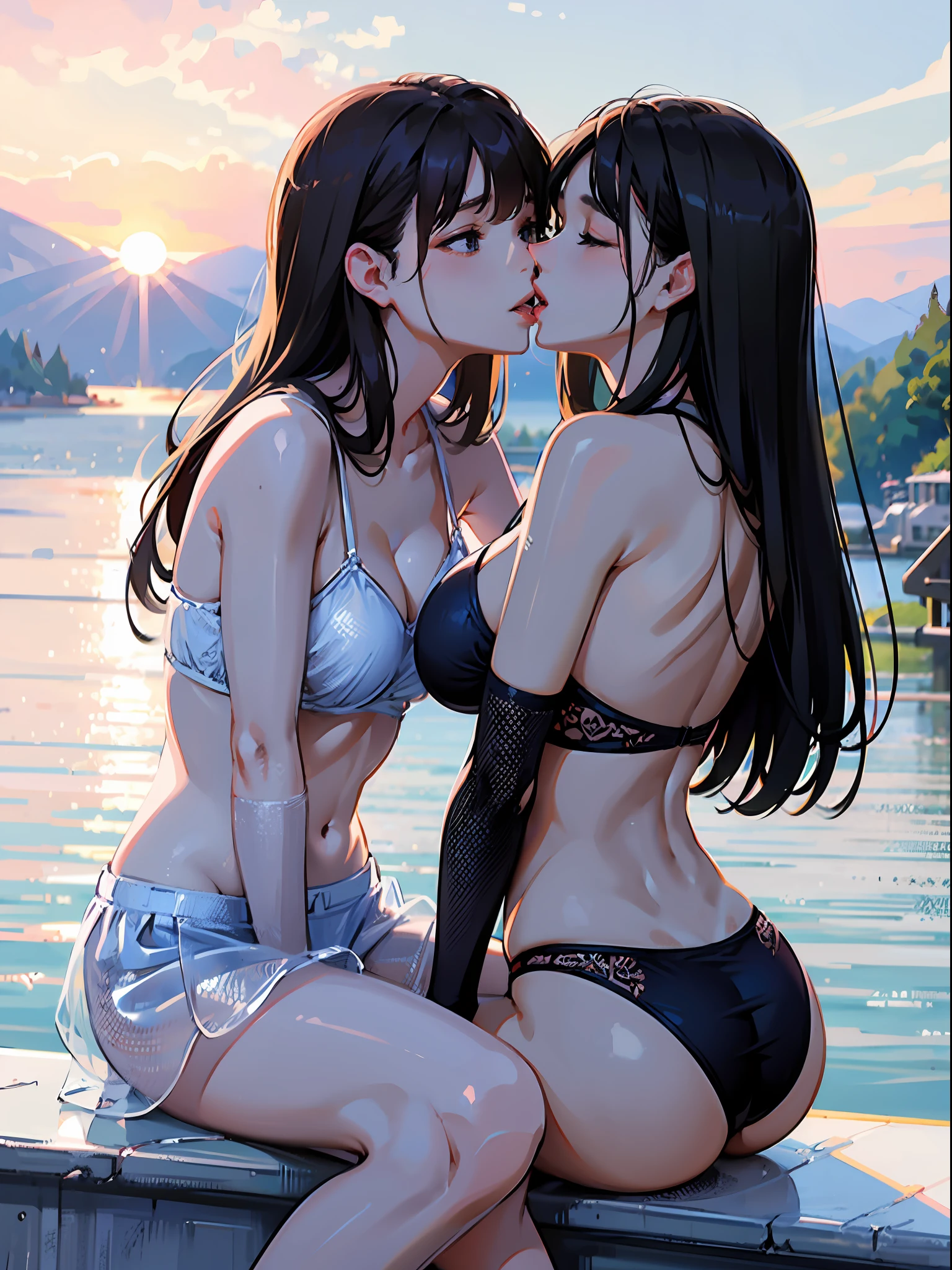 masutepiece,hyper quality, Hyper-detailing,Perfect drawing,nffsw,3D,8K,illustratio、Hi-Res、(((Two beautiful girls)))、The bikini、swim wears)、(Sitting on the breakwater)、Close your eyes、((French Kissing))、the setting sun、Horizon、shores、Back lighting、Sparkling water surface、beatiful backgrounds、Accurate drawing、Detailed drawing