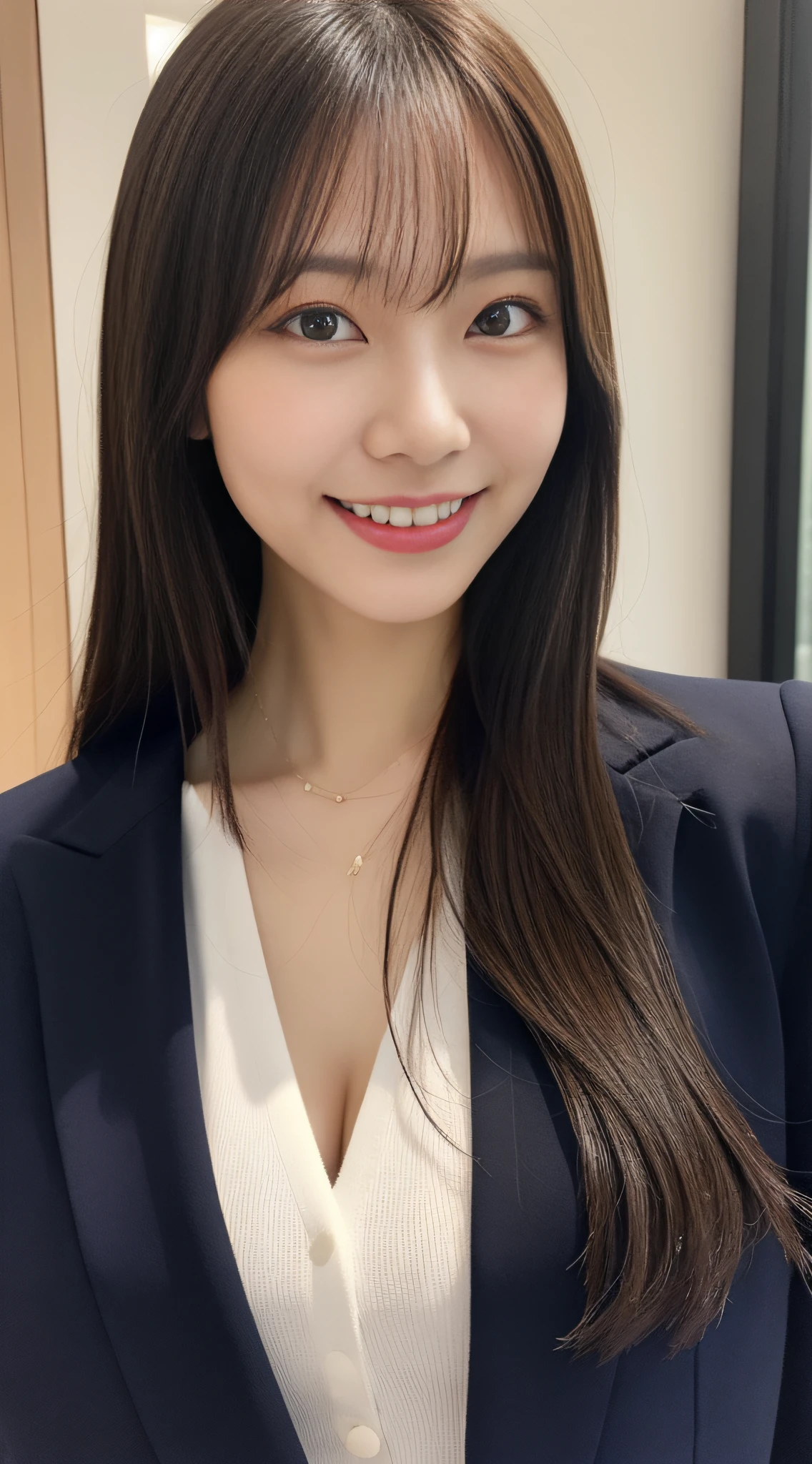 Asian woman in suit posing for one photo, A smile、Girl in a suit, closeup portrait shot, closeup portrait shot, Wearing a business suit, professional closeup photo, full body Esbian、 is wearing jacket, close up half body shot, Japanese Models, close up portrait photo、细致背景