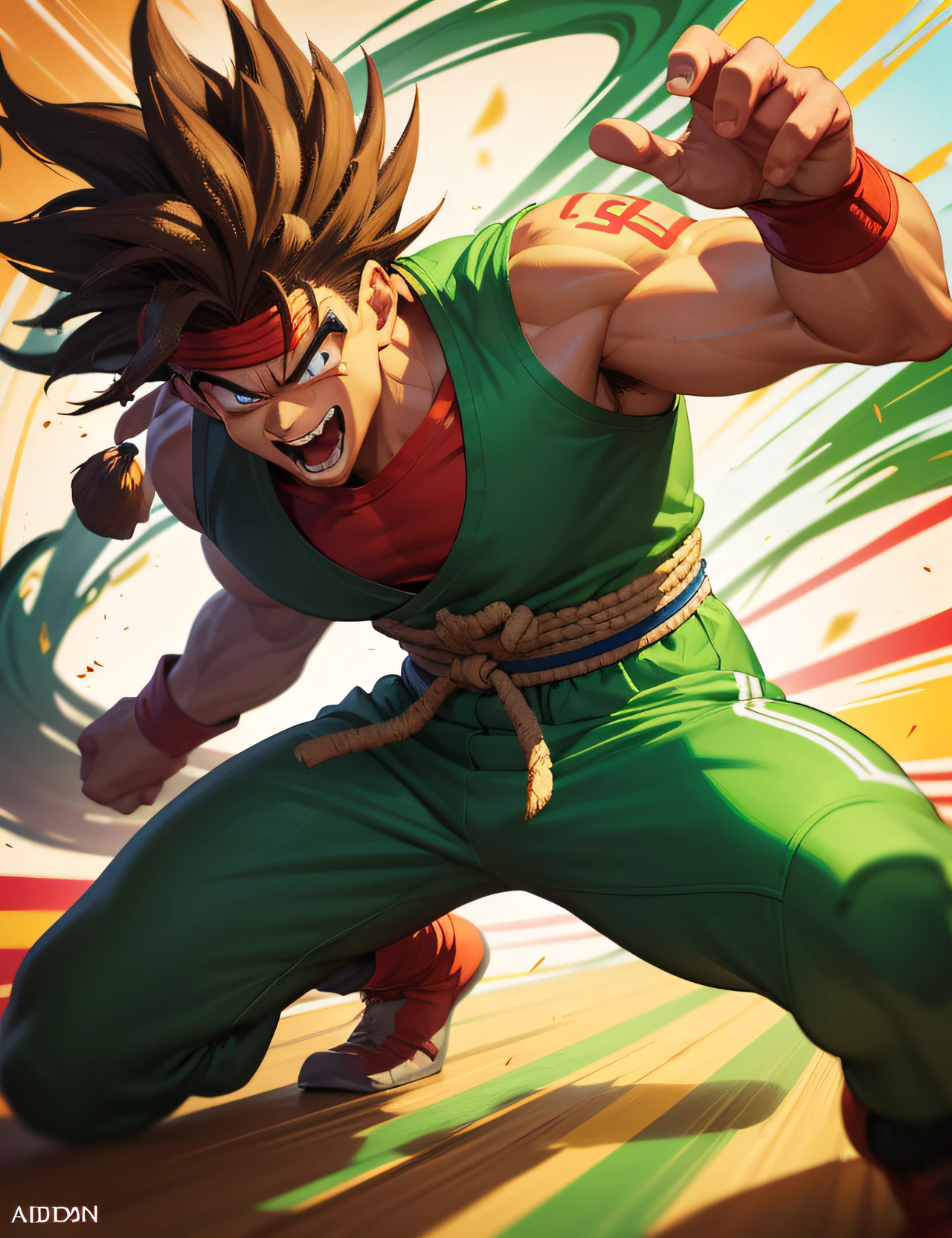 Close-up of a man in green pants and a red shirt，Rag art，SF5 ink style，SF 5 ink style，fighting game character，baki style，Mudoken，heavy gesture style closeup，Goro，Highly detailed character design，90s comic book character design，Chinese football team uniform ，The Monkey King in Dragon Ball，Striking detailed art style，African samurai