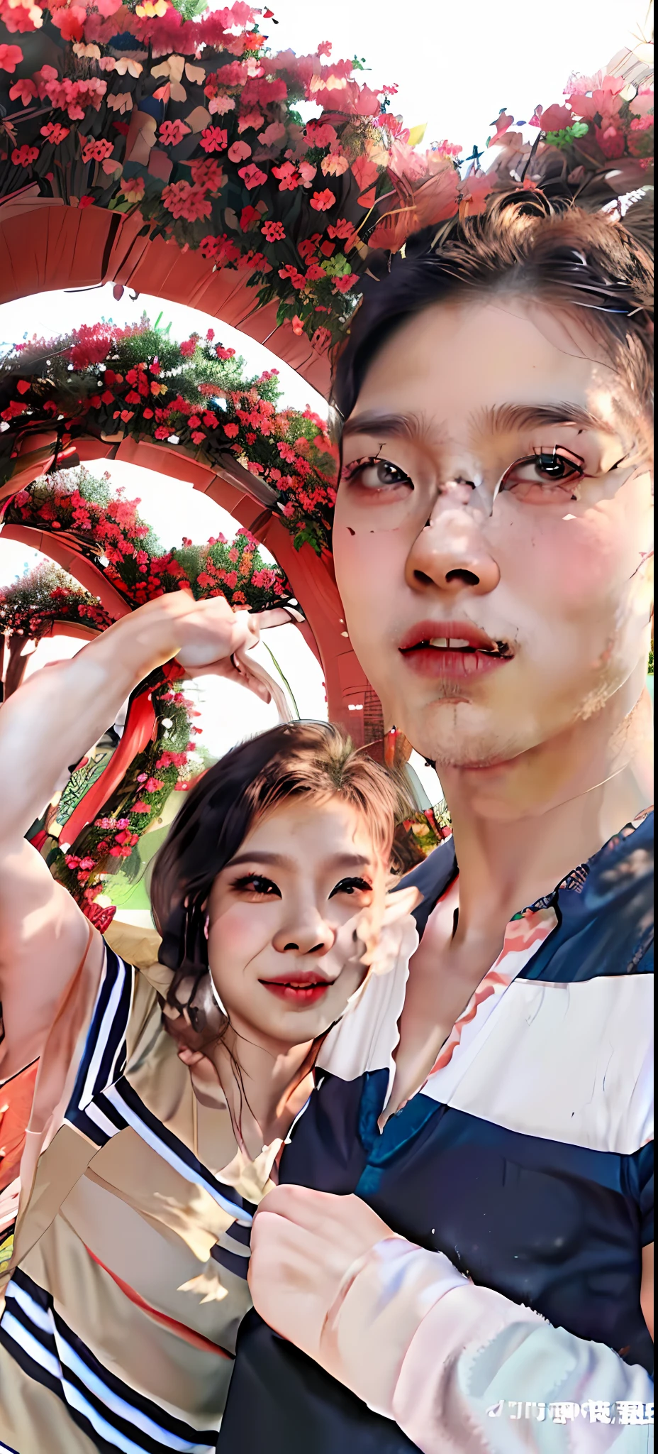 A man and a woman pose for a group photo in front of the flower tunnel, Ruan Jia and Fenghua Zhong, Happy couple, vacation photo, 8k selfie photograph, 3 , 38 years old, zeng fanzh, ruan jia and brom, 3 2 - year - old, 2 8 years old