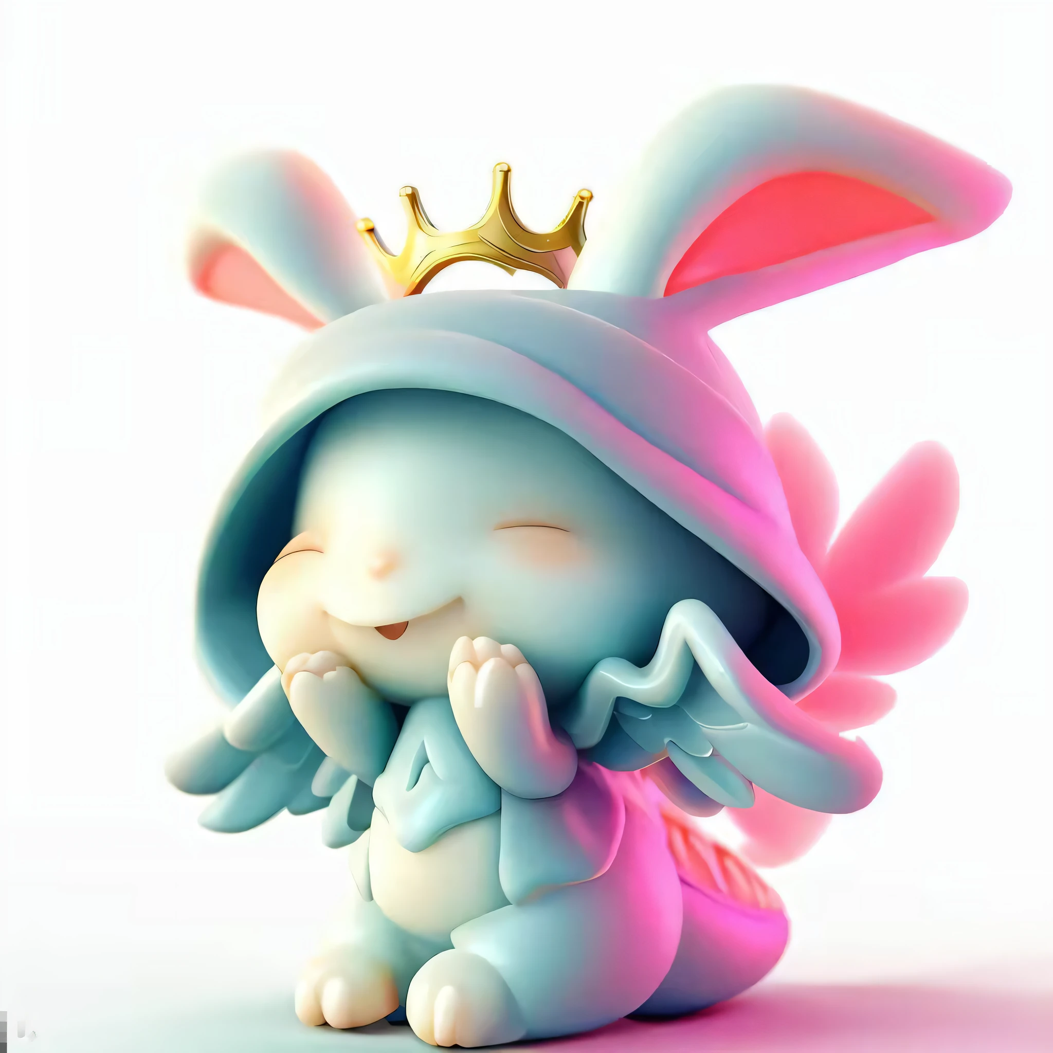 Blind Box Style rabbit, crown, chibi, smile, dragon rabbit translucent raincoat, wings, dragon tail, blind box, bubble matt design exaggerated pressure and movement, bright light,exaggerated pressure and action, bright lights, clay materials, precision mechanical parts, shut upintensity, 3d , super detailed, C4D, Octane rating rendering, dragon rabbit, dragon rabbit, mixer