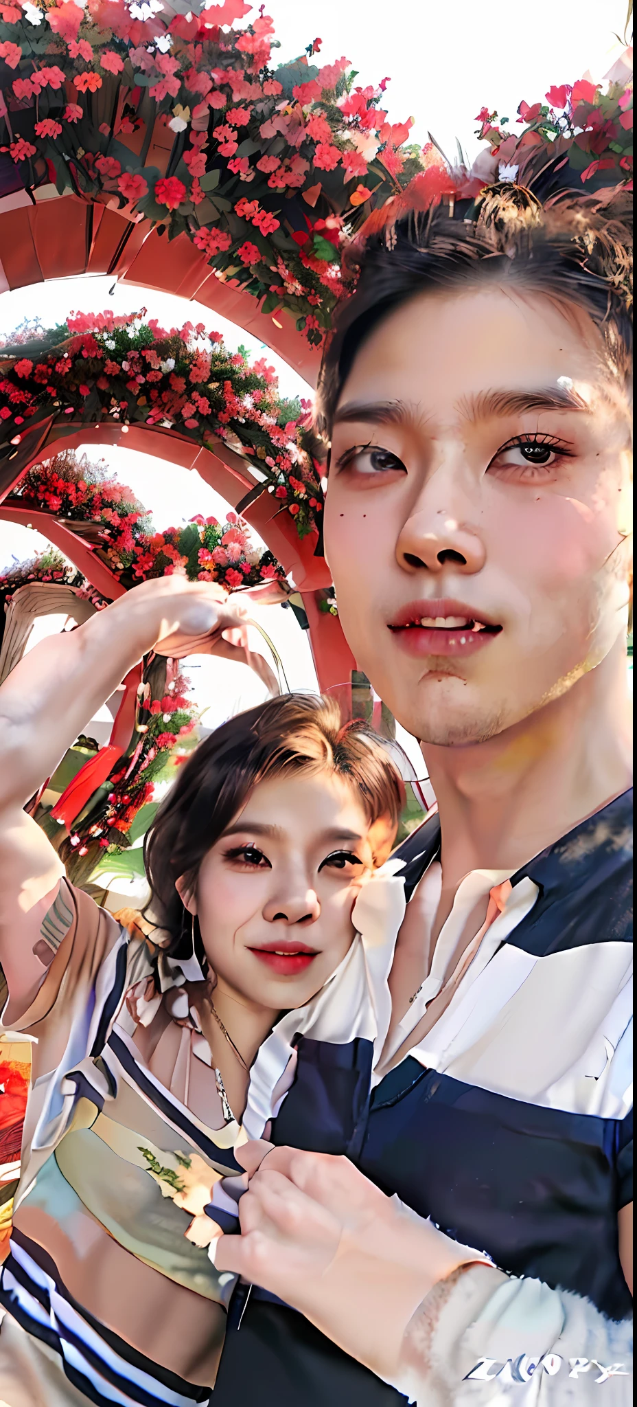 A man and a woman pose for a group photo in front of the flower tunnel, Ruan Jia and Fenghua Zhong, Happy couple, vacation photo, 8k selfie photograph, 3 6 years old, 38 years old, zeng fanzh, ruan jia and brom, 3 2 - year - old, 2 8 years old