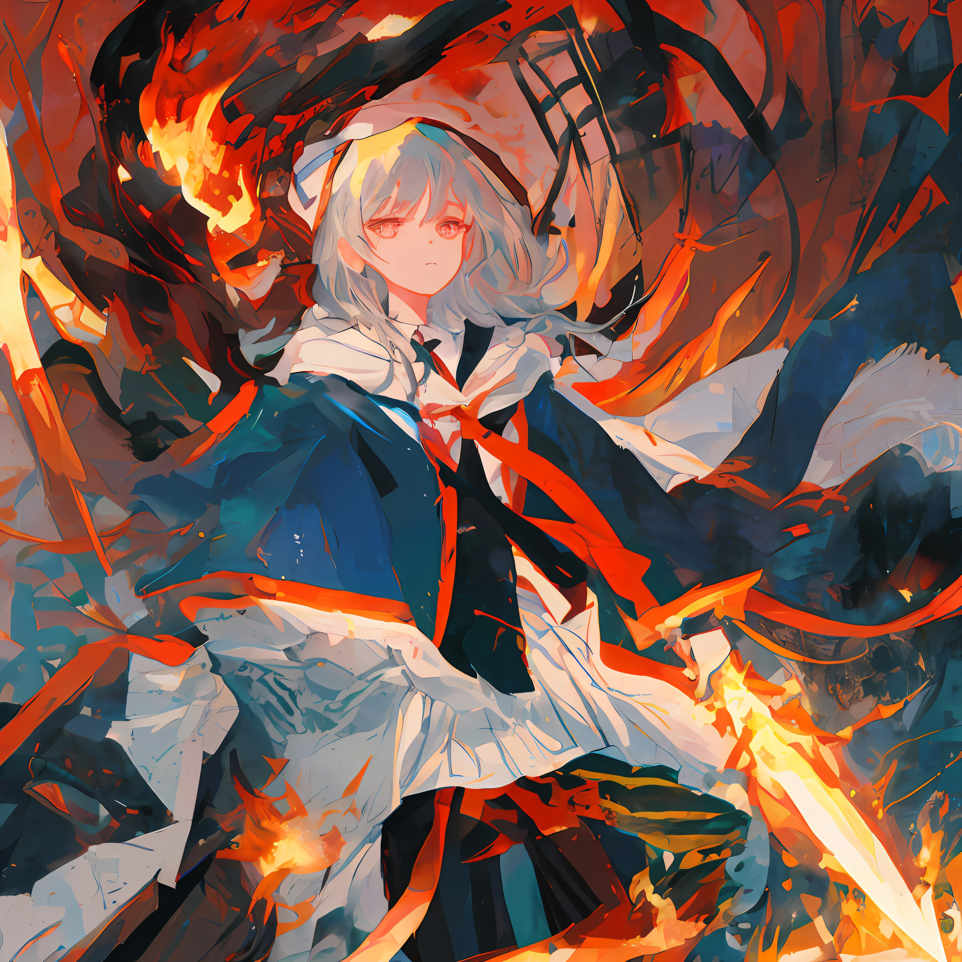 schoolboy,Long black hair,Has blue-red wings,Flame spear in hand,